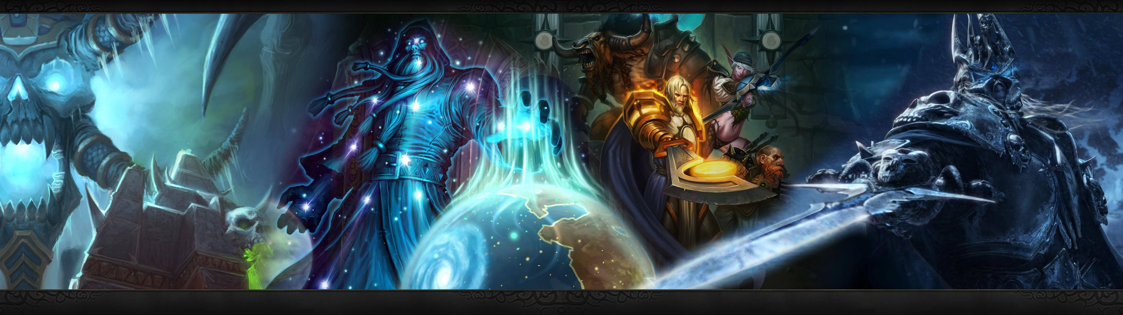 Dalawang Karakter ng World of Warcraft na Naglalaban sa Dalawang Monitor Wallpaper