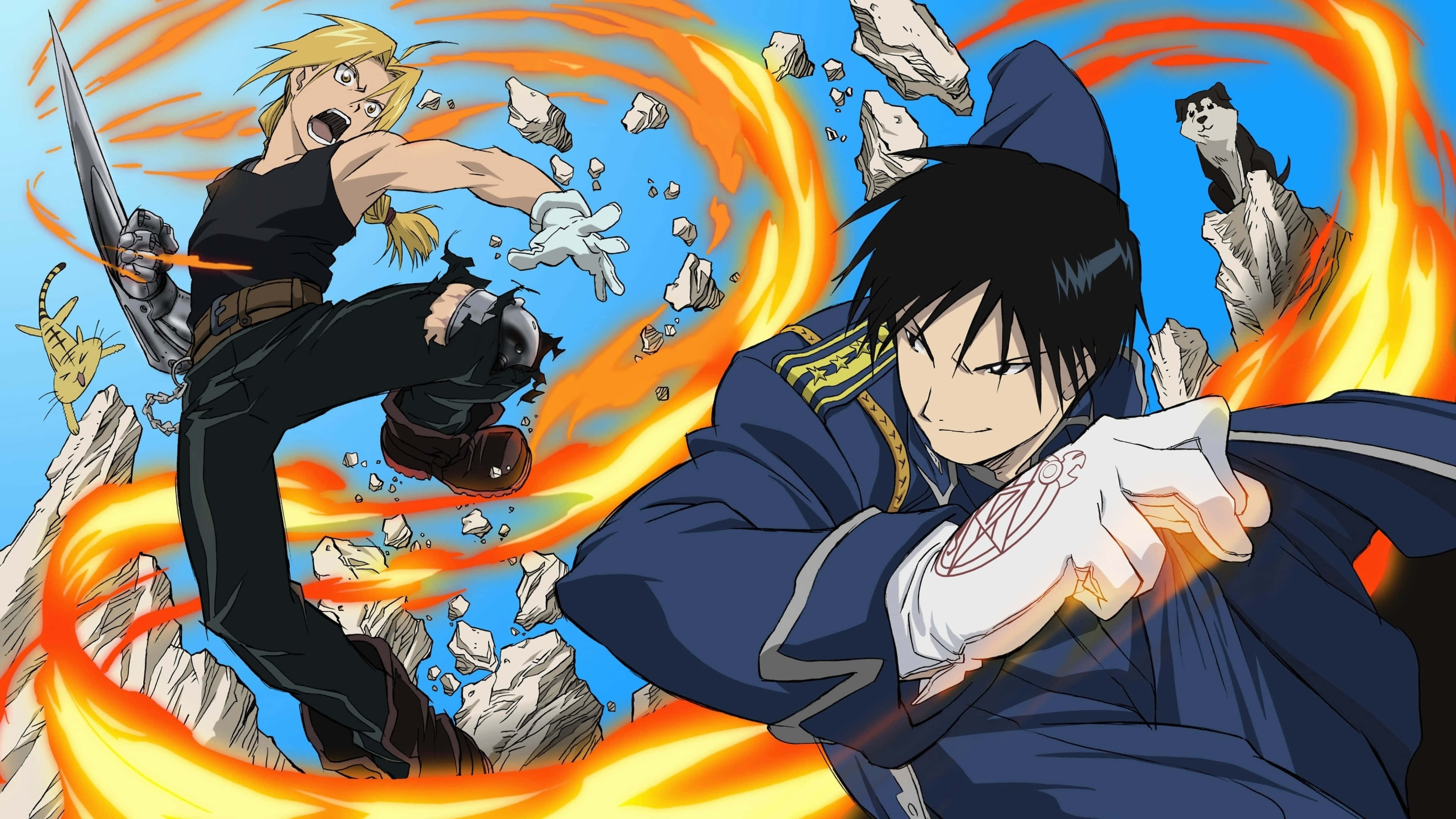 dalawang karakter ng anime na naglalaban gamit ang apoy Wallpaper