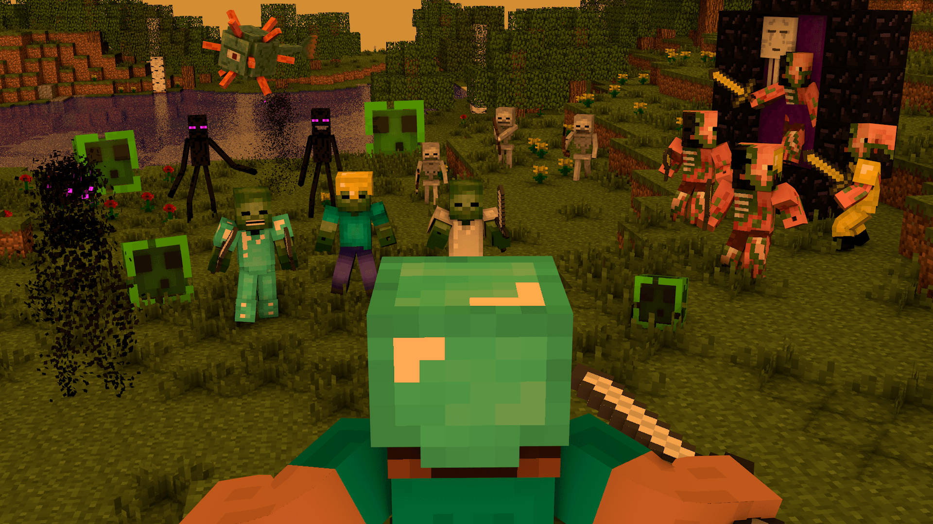 Dalawang Kontrabida na Naglalaban sa Minecraft Wallpaper