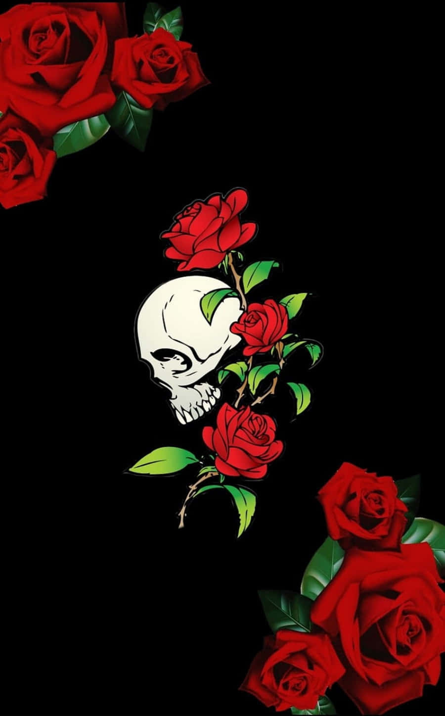 Dalawang Mag-iibigan Nagmamahalan sa Gitna ng mga Bungo at Rosas Wallpaper
