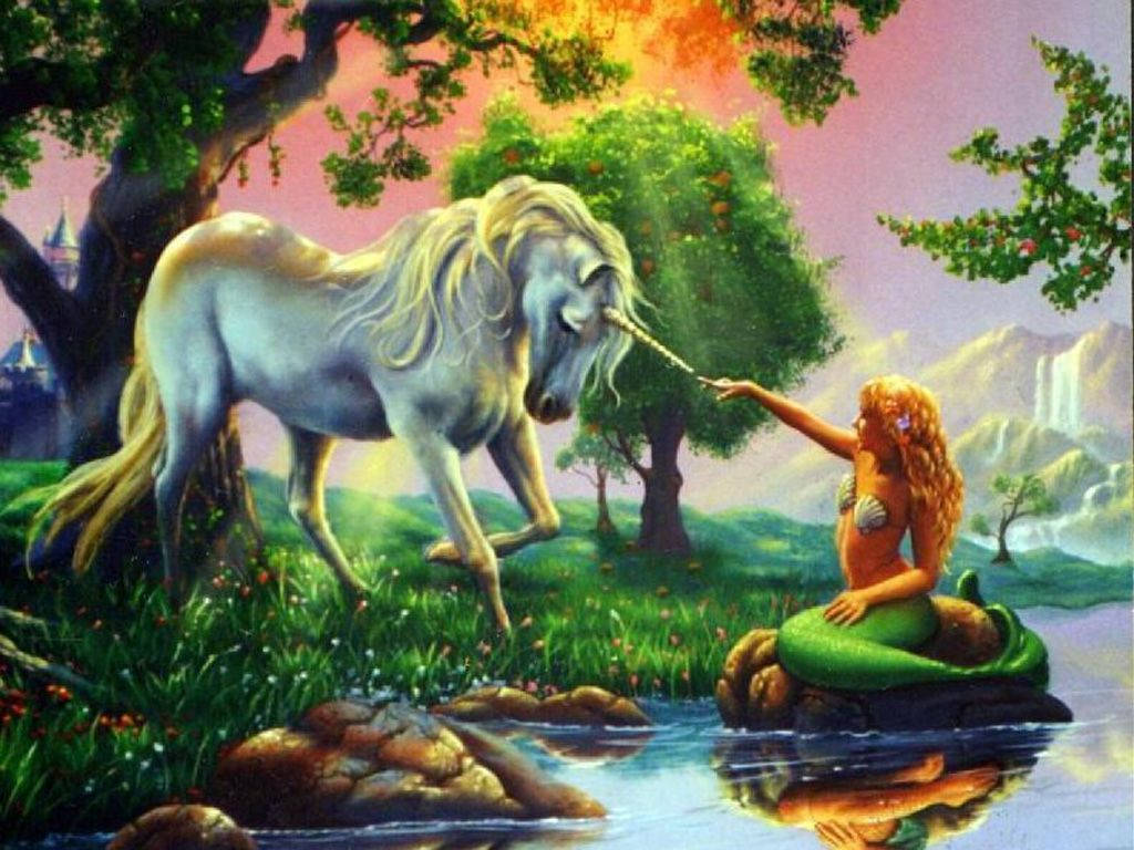Dalawang mahiwagang nilalang ng alamat, ang sirena at unicorn, nagkakaisa sa enchanted forest. Wallpaper