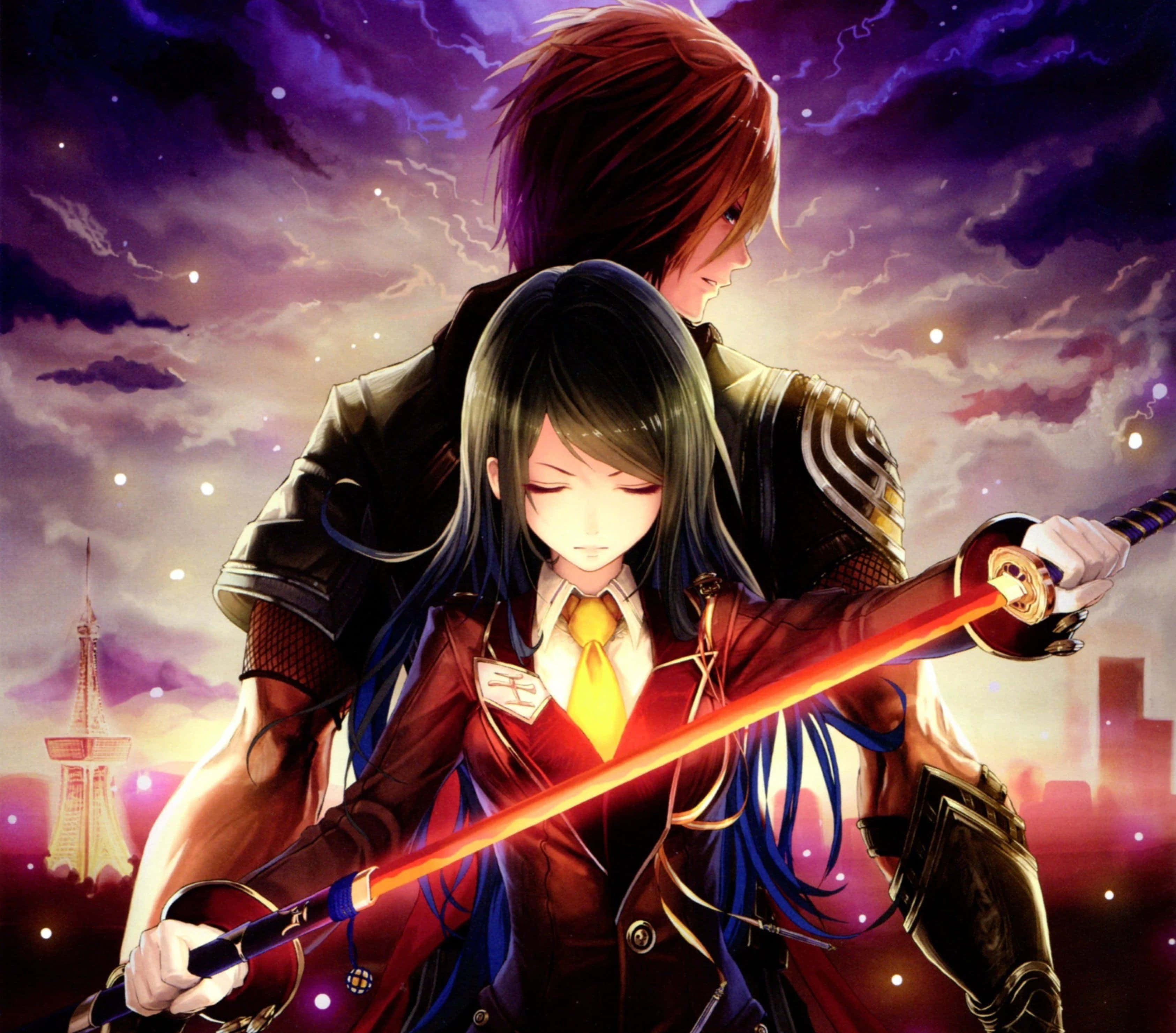 Dalawang mandirigma ang naglalaban para sa karangalan at kaluwalhatian sa isang epikong labanang anime Wallpaper