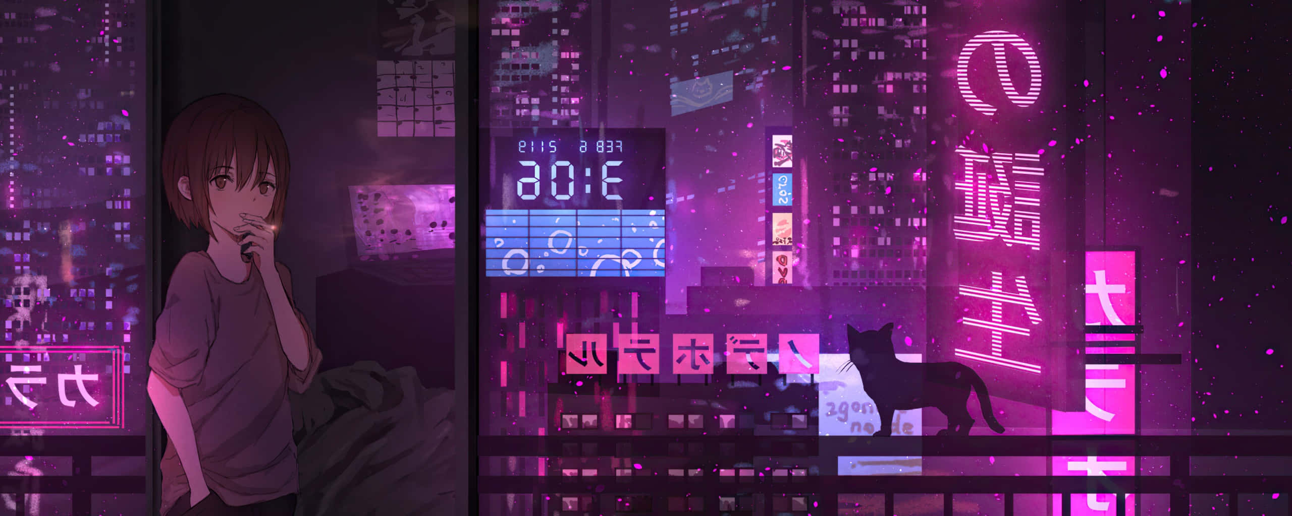 Dalawang Monitor na Anime na Babaeng Naninigarilyo sa Liwanag ng Cyberpunk City Wallpaper