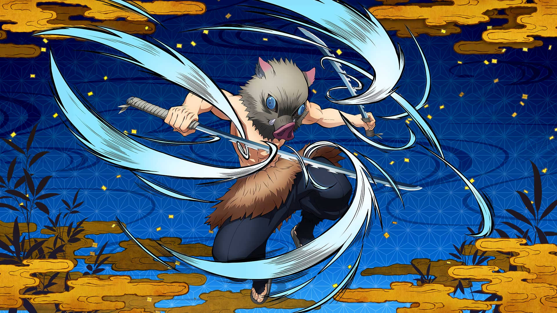 Demon Slayer Inosuke na may mga ipo-ipo ng tubig sa kanyang mga espada Wallpaper