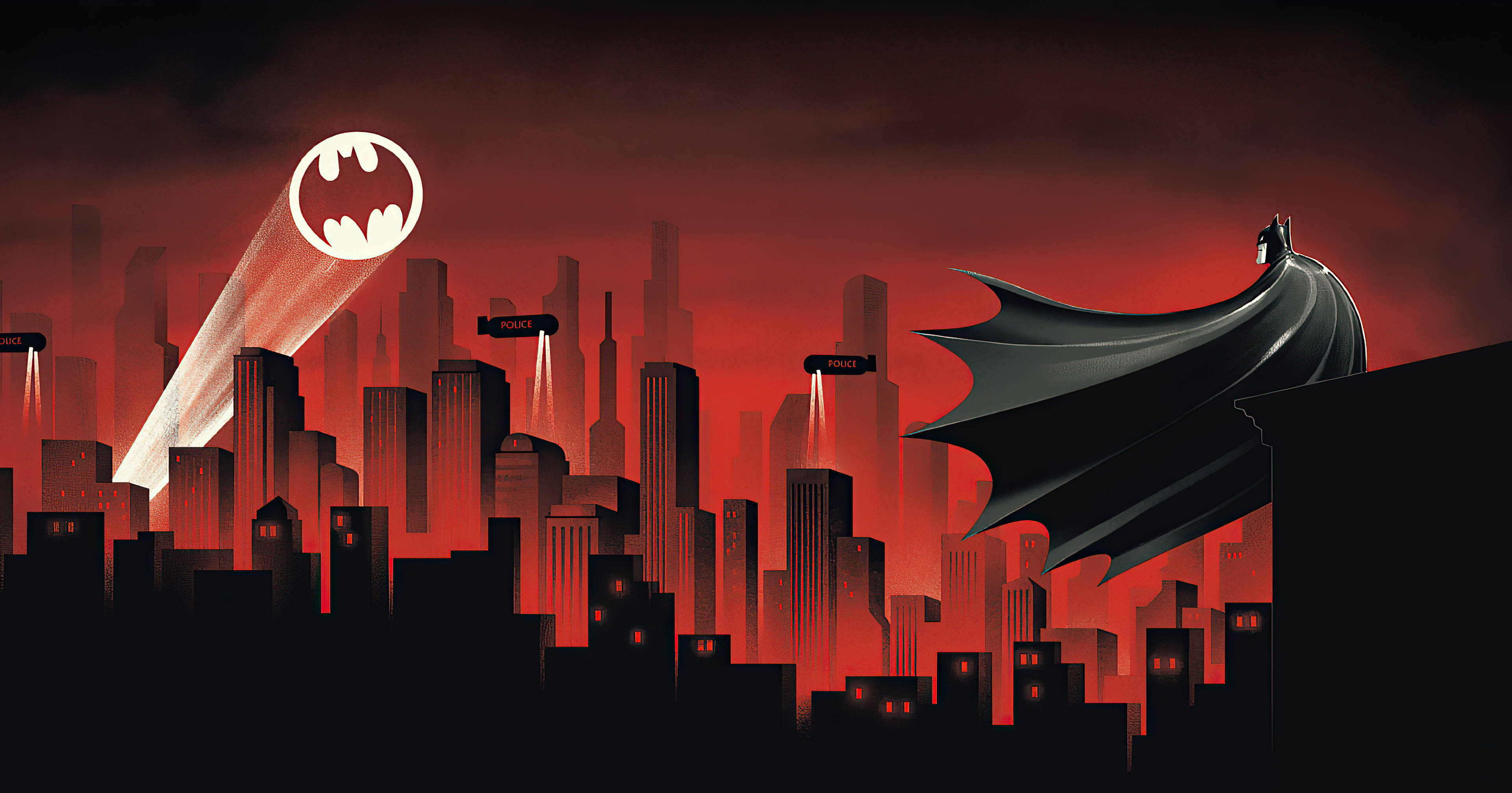 Desktop ng Batman Animated na May Pulang Lungsod at Spotlight Wallpaper