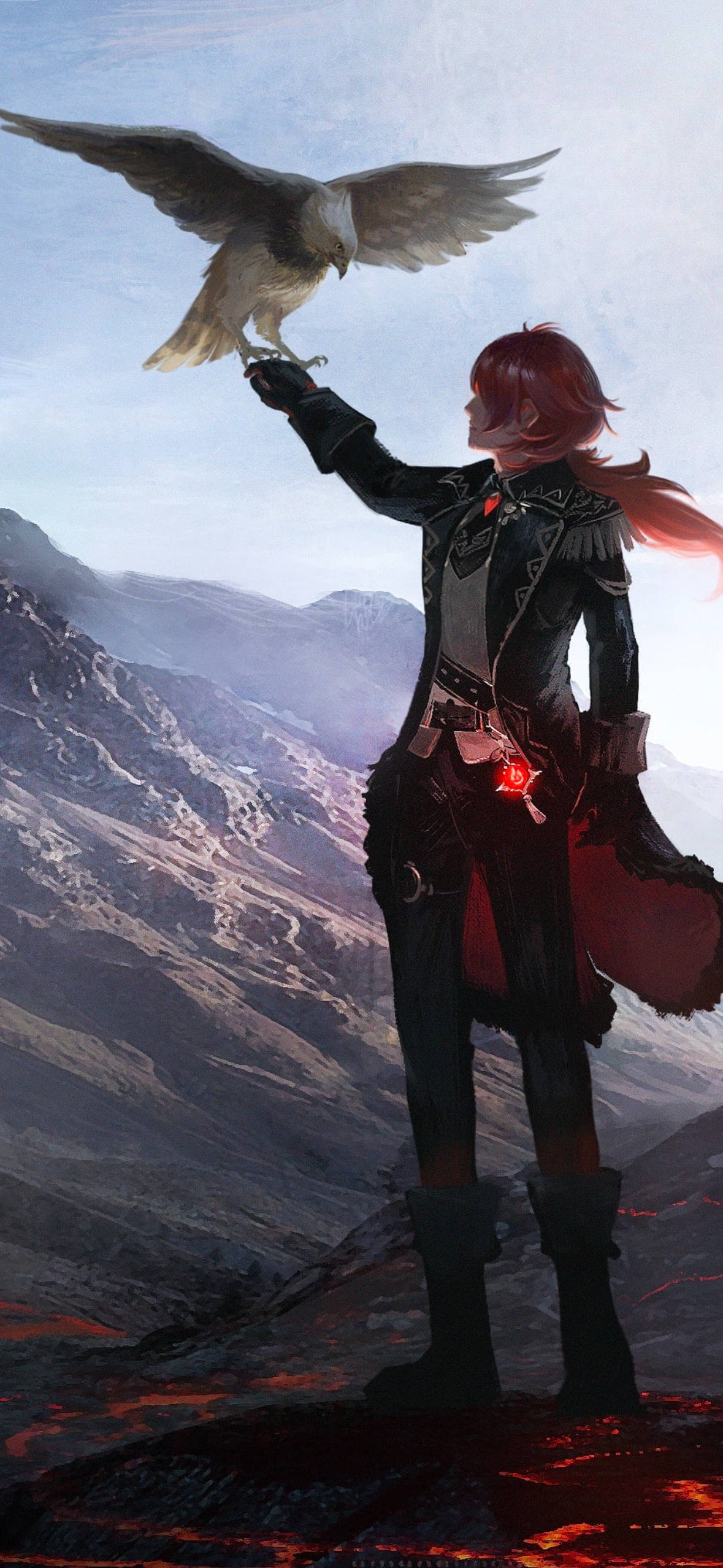 Diluc na may Agila Genshin Impact Phone Wallpaper