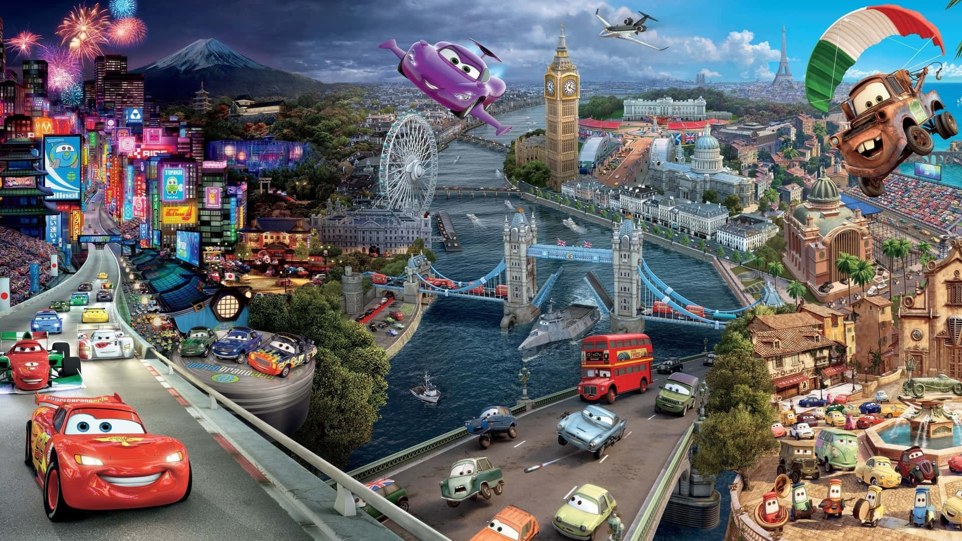 disney cars - isang lungsod na may maraming sasakyan na lumilipad Wallpaper