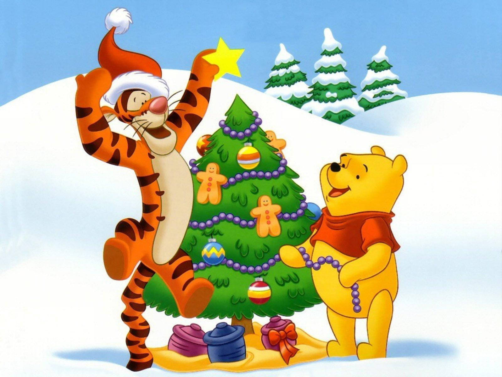 Disney Winnie The Pooh Nagdedekorasyon ng Christmas Tree Wallpaper
