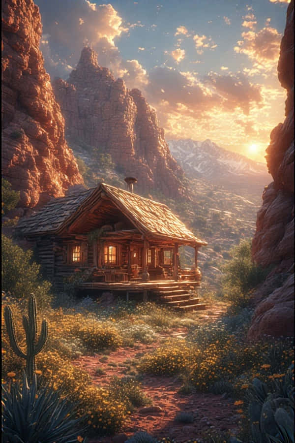 Disyerto Oasis Kubo na may mga Ligaw na Bulaklak Mainit na Kalikasan 4K Wallpaper