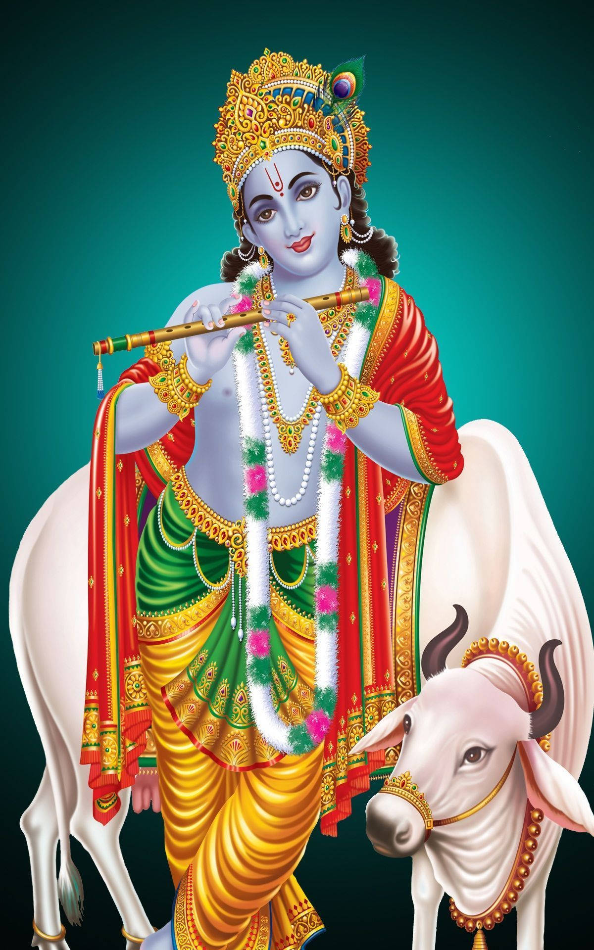 Divine Krishna na may Sacred Cow - Mobile Phone Wallpaper