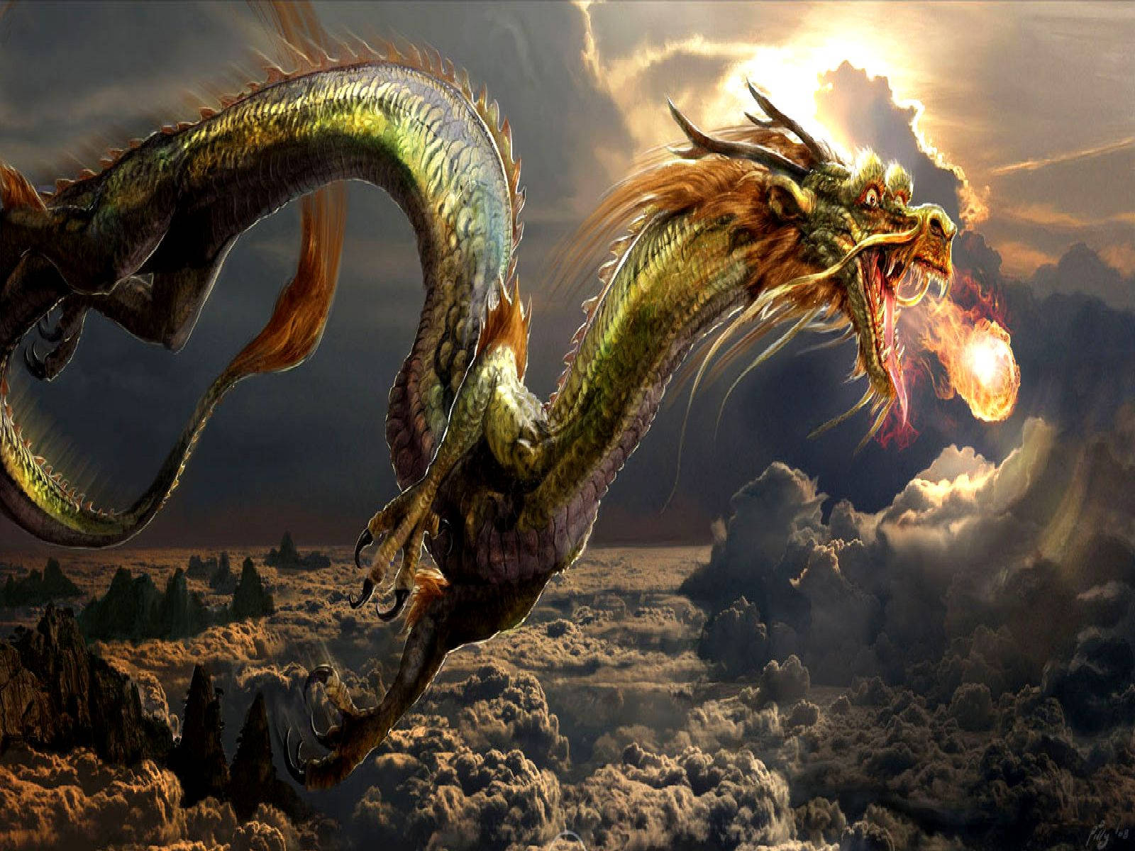 Dragon na Hapon na Naghahagupit ng Apoy sa PC Wallpaper