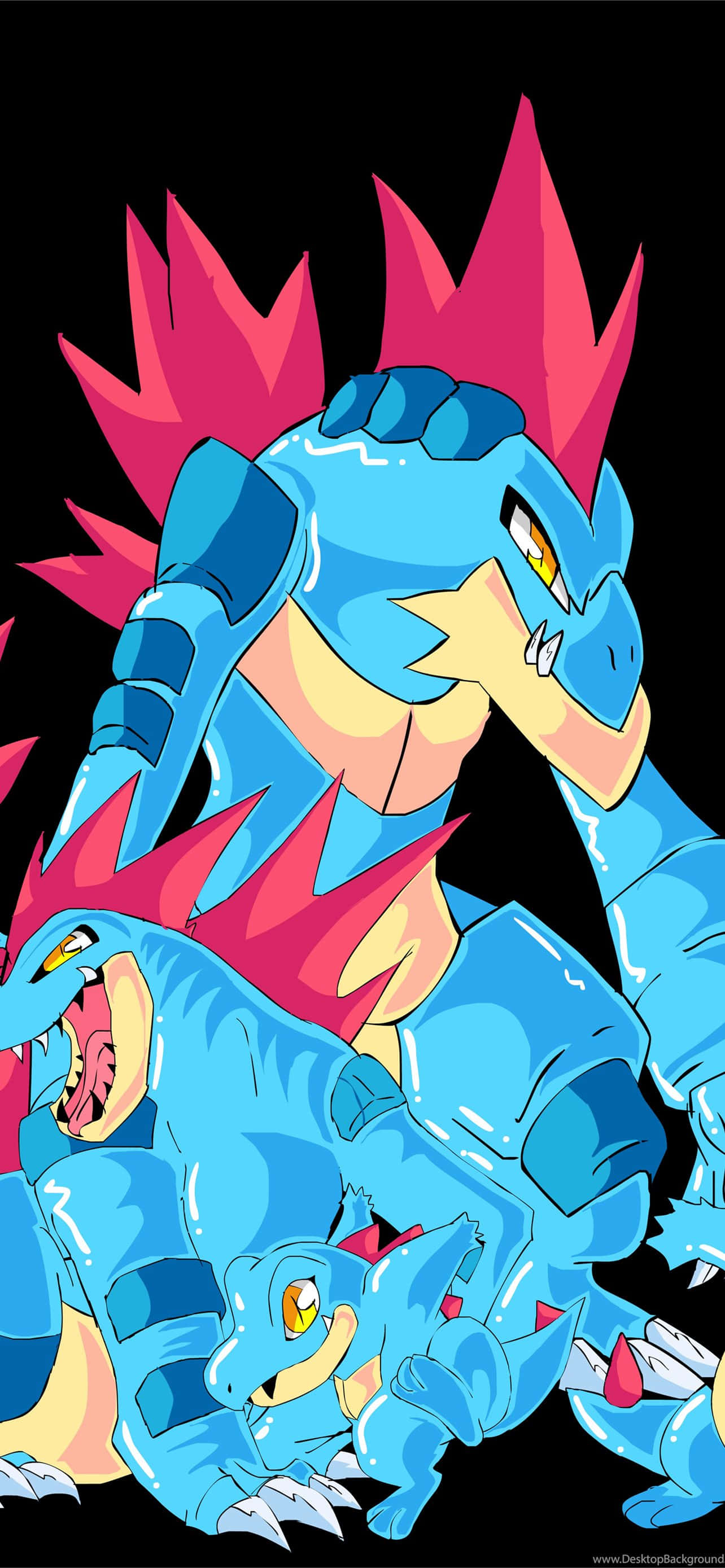Ebolusyon ni Totodile - Mga Snapshot ng Totodile, Croconaw, at Feraligatr sa Itim Wallpaper