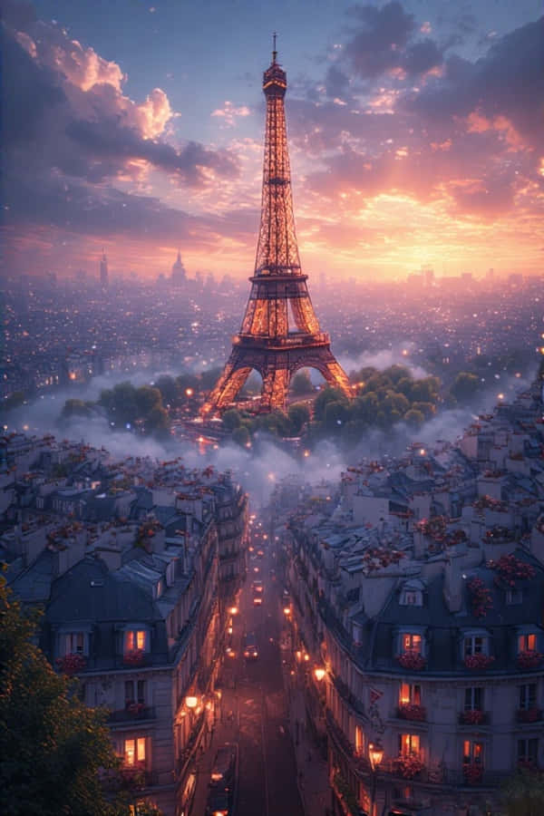 Eiffel Tower sa Pagsikat ng Araw Paris Rooftops 4K Wallpaper