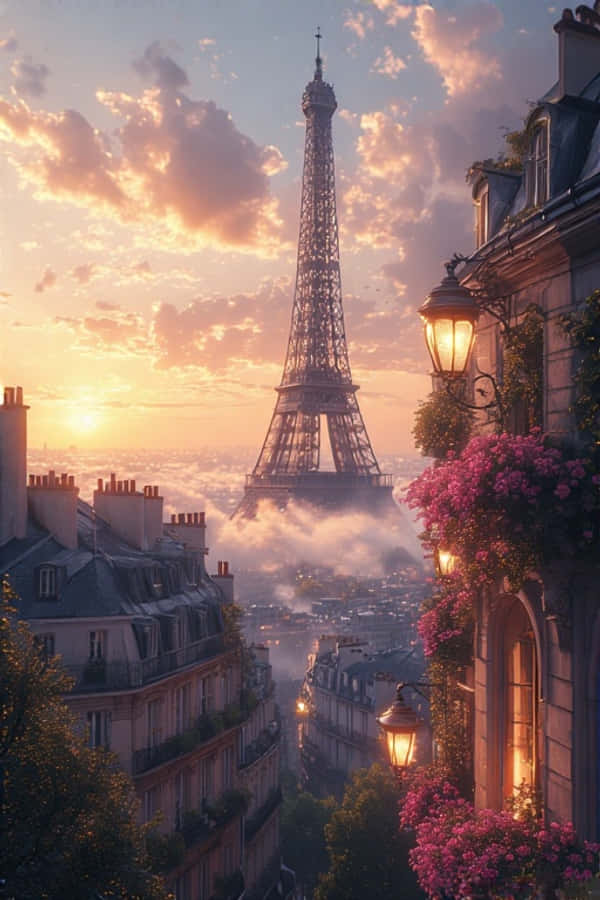 Eiffel Tower sa Pagsikat ng Araw sa mga Bubungan ng Paris 4K Wallpaper
