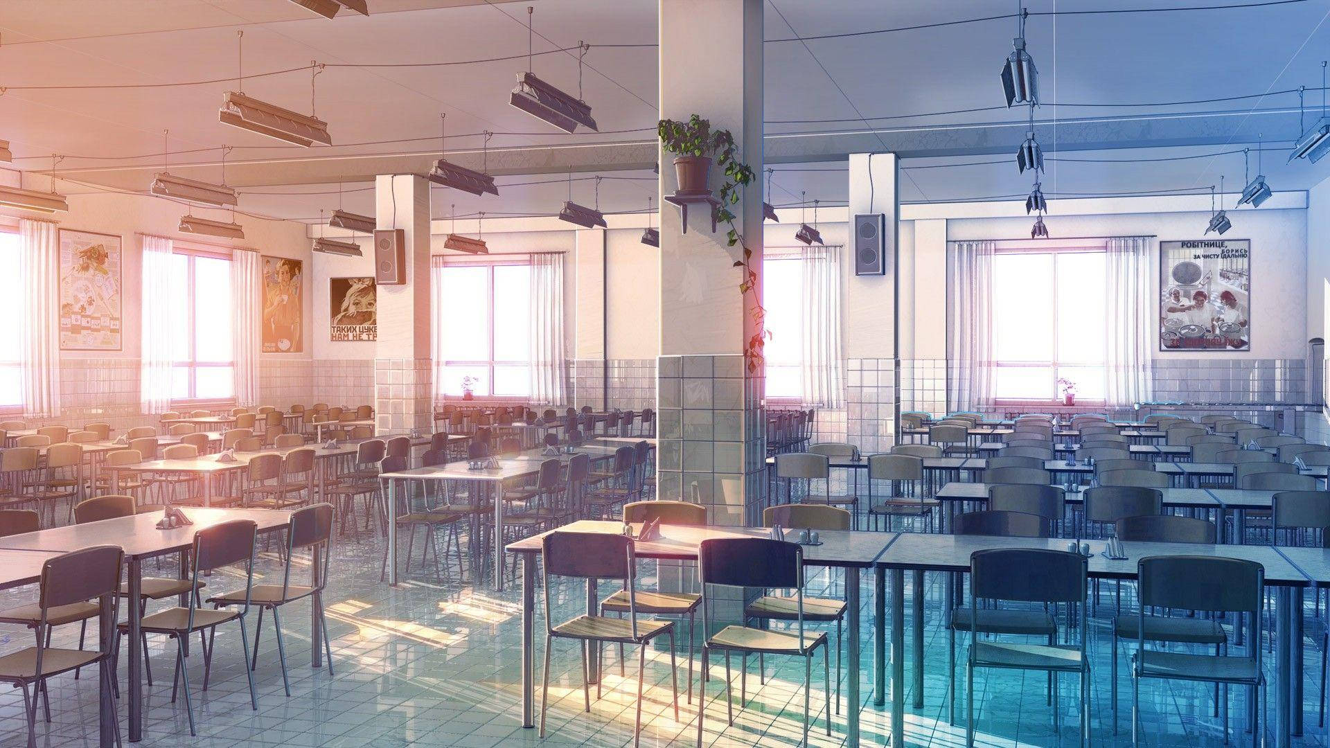 Eksena sa Paaralang Anime na Walang Tao sa Kantina sa Paglubog ng Araw Wallpaper