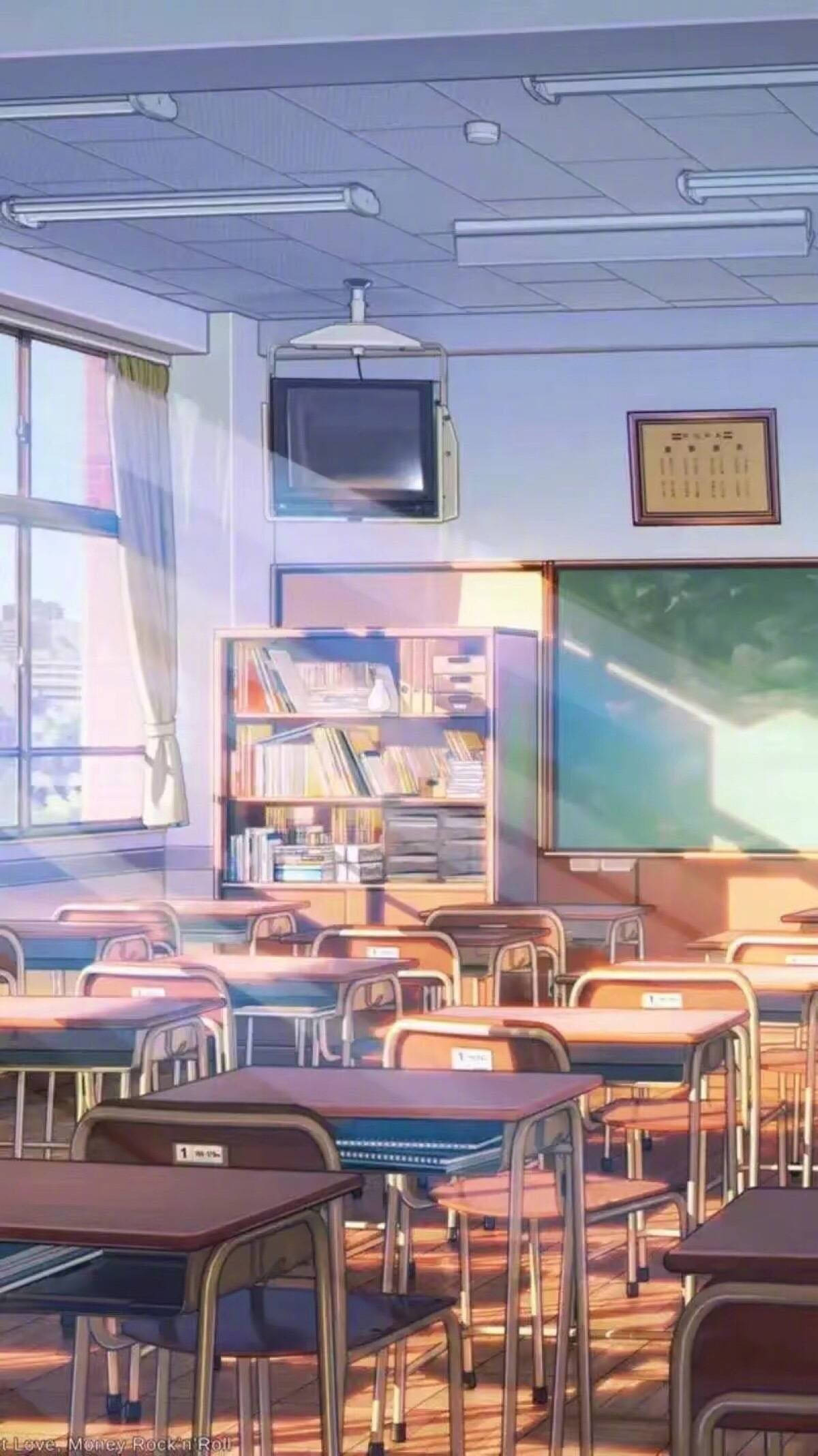 Eksena sa Paaralan ng Anime na Silid-Aralan na May TV Wallpaper