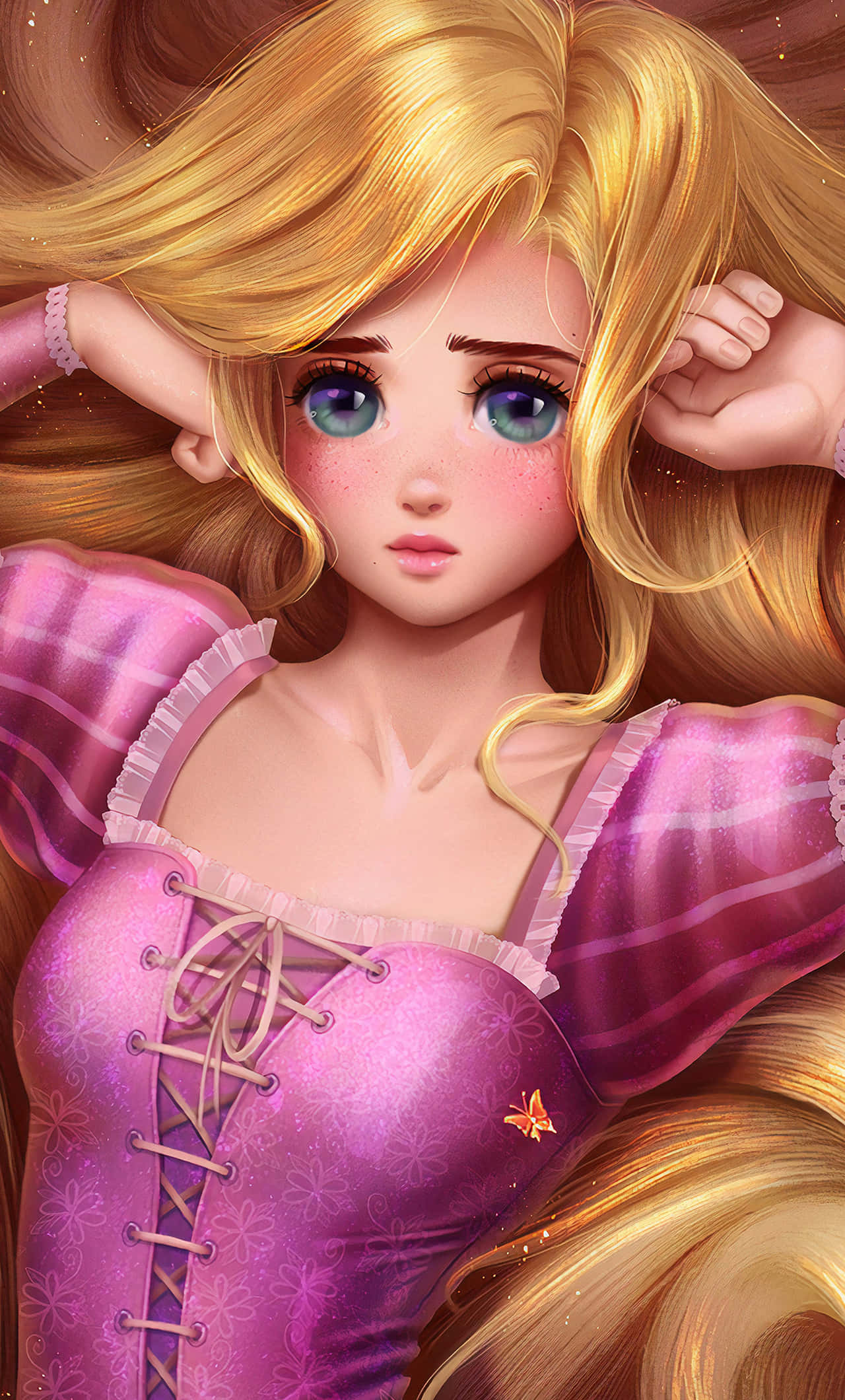 Enchanting illustration ni Rapunzel na nakatingin mula sa kanyang tower window Wallpaper