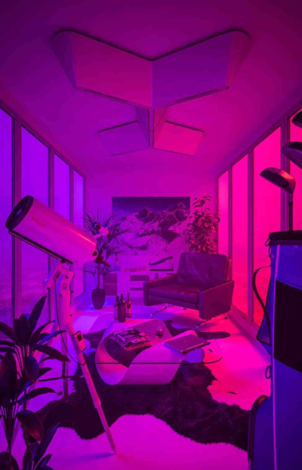 Enjoy ang warm neon glow ng retro chic sa cozy purple aesthetic na kuwarto. Wallpaper
