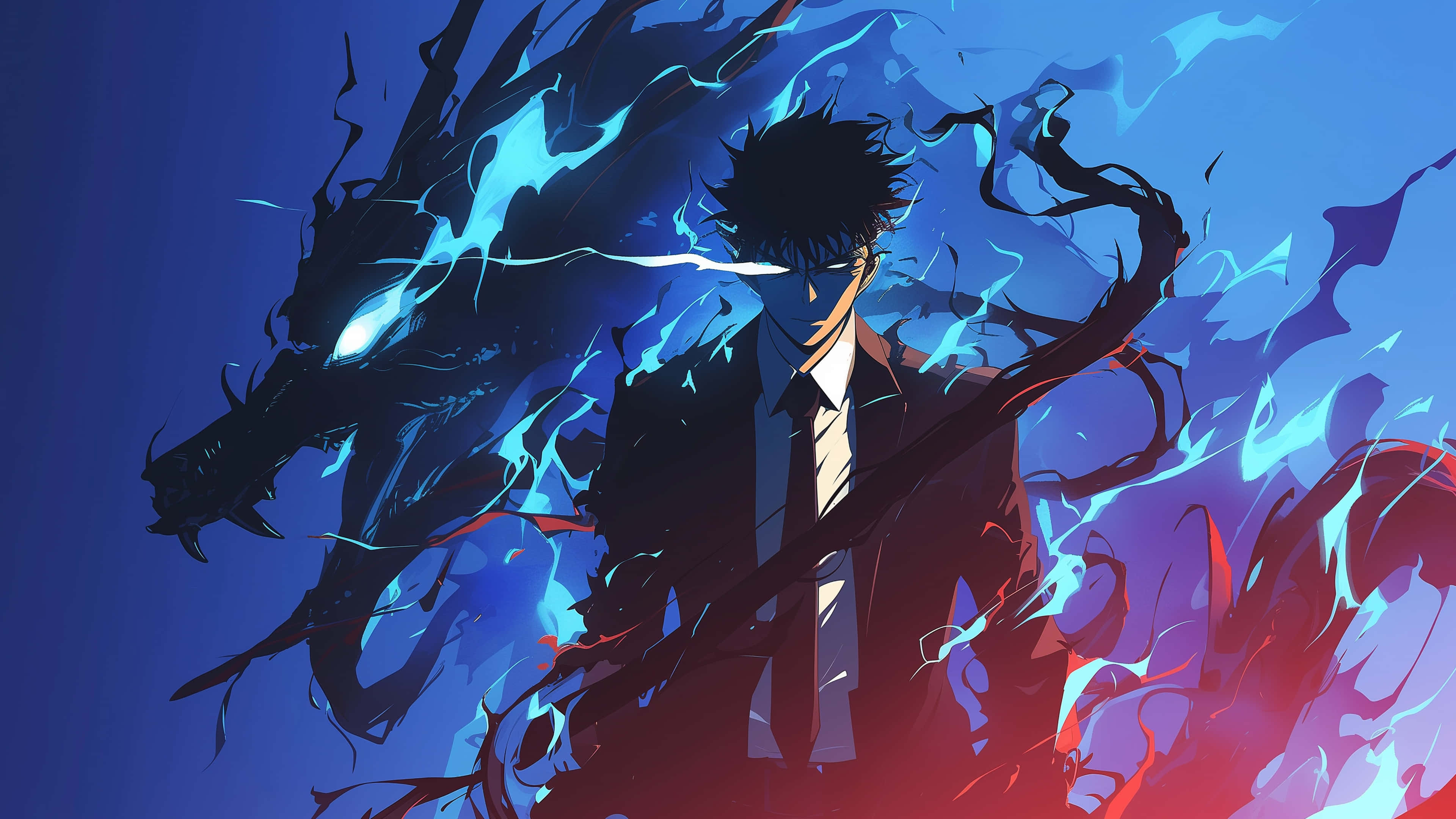 Epik na Anime na Lalaki na may Asul na Kidlat na Aura 4K Wallpaper