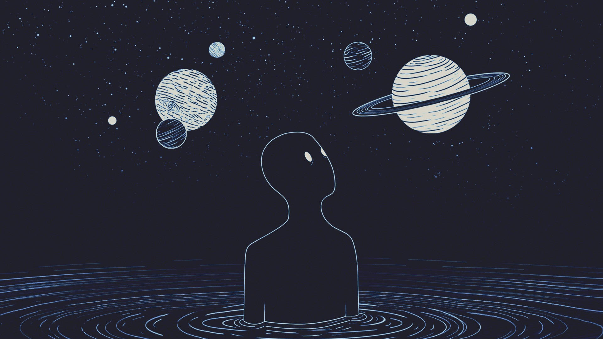 Estetikang Indie na Lalaking Nakatitig sa mga Planeta Gamit ang Laptop Wallpaper