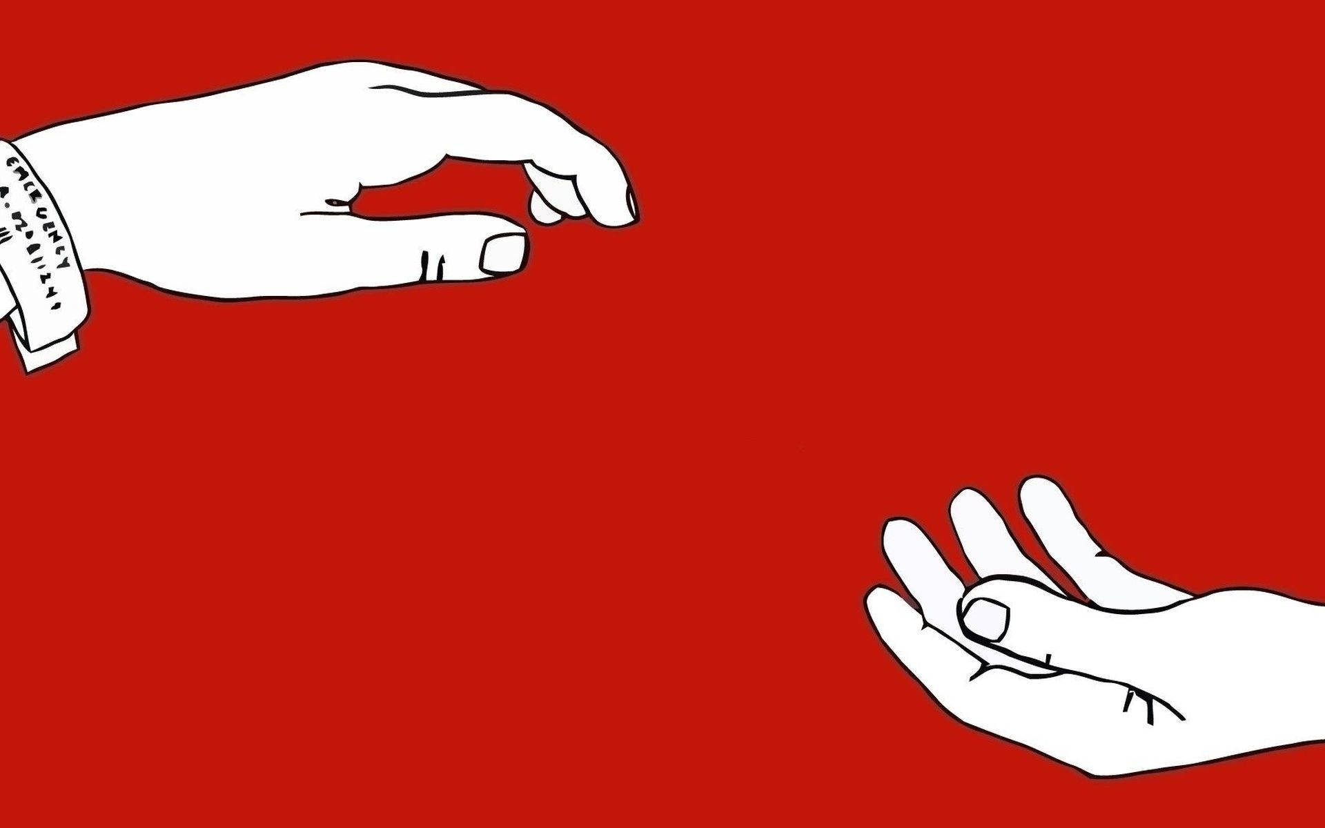 Estetikang Indie na Pagtatagpo ng mga Kamay sa Laptop sa Pulang Background Wallpaper