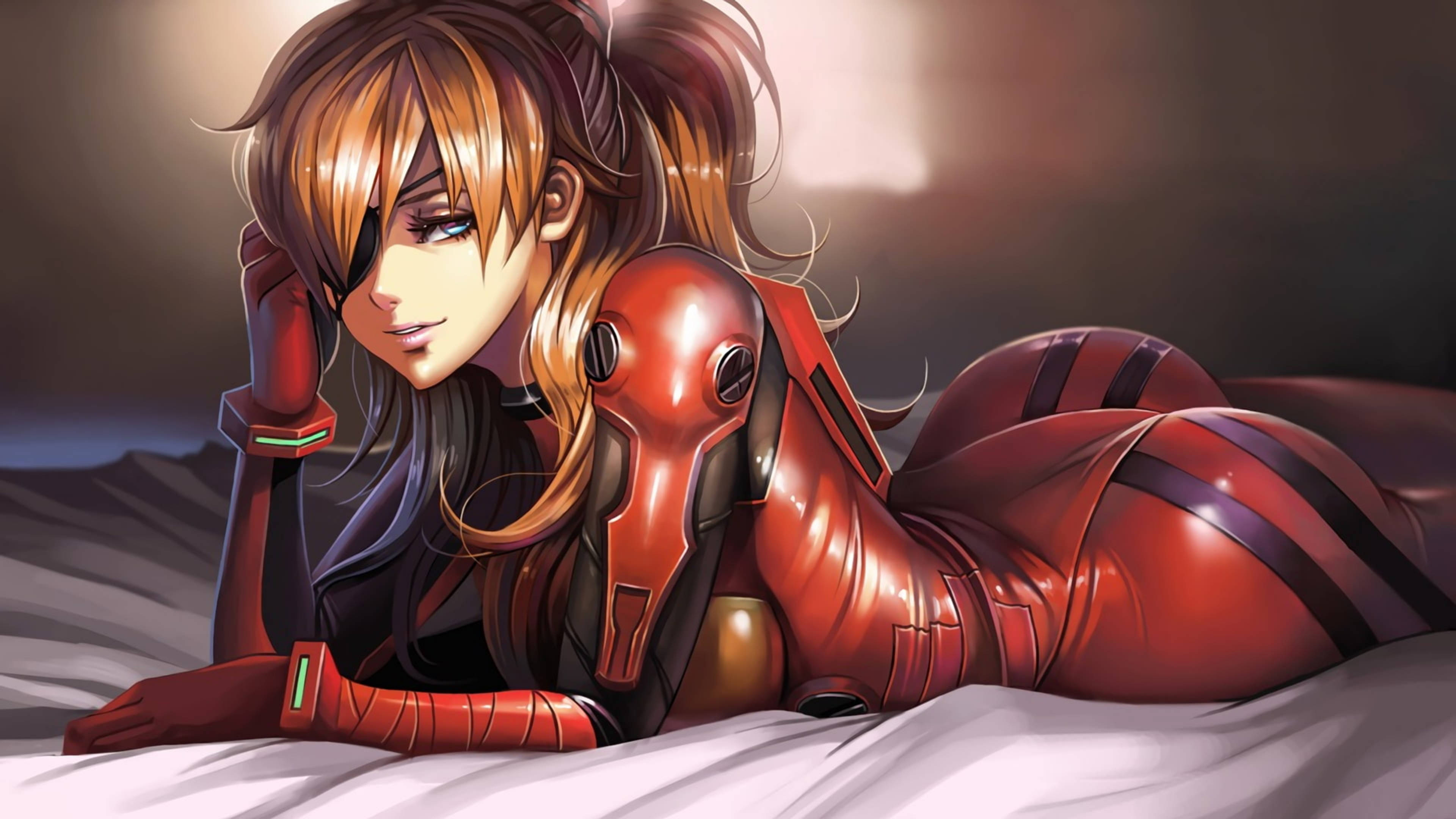 Eyepatched na Asuka mula sa Evangelion sa 4K Wallpaper