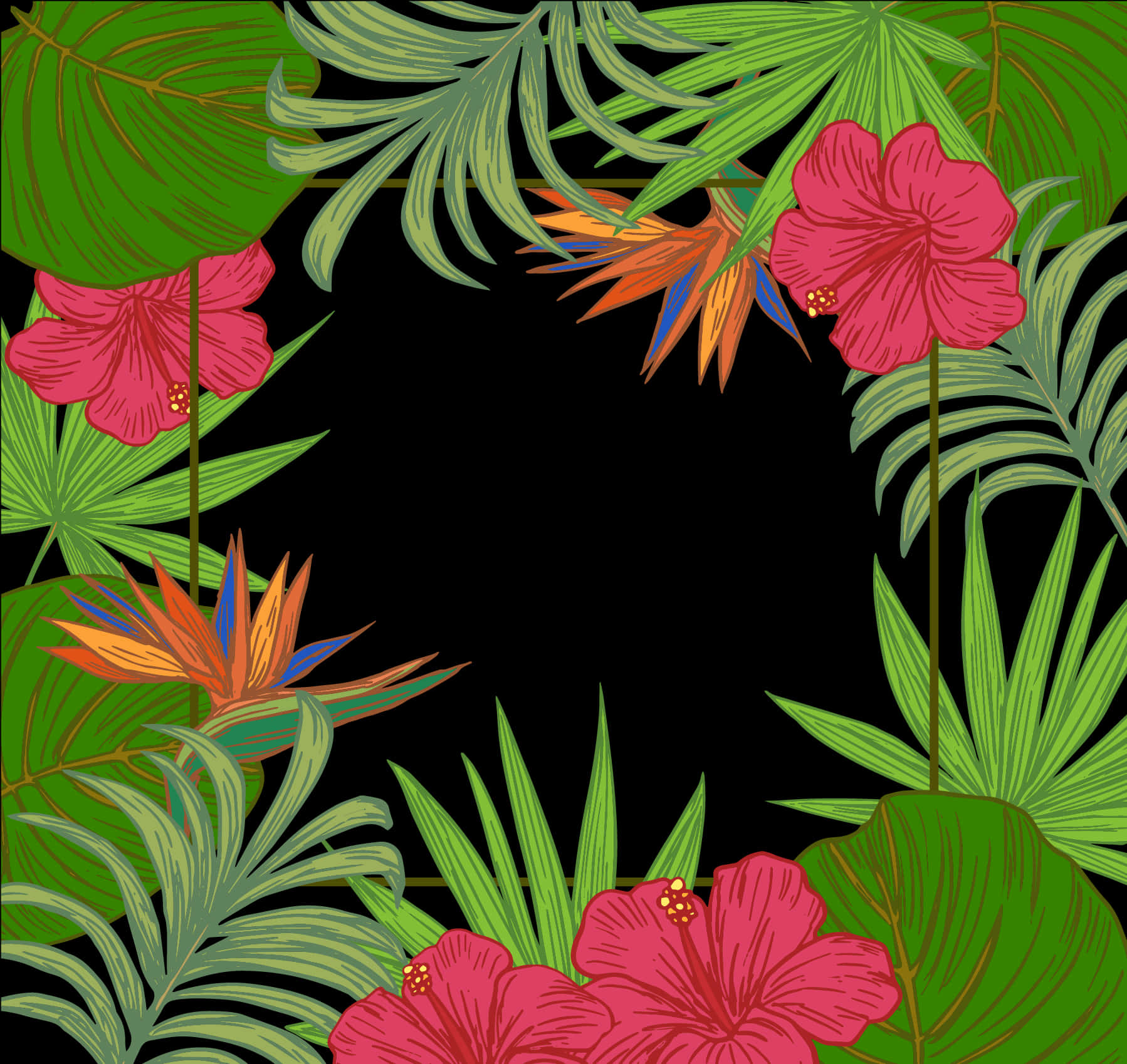 Frame ng Tropikal na Bulaklak na May Itim na Background Wallpaper