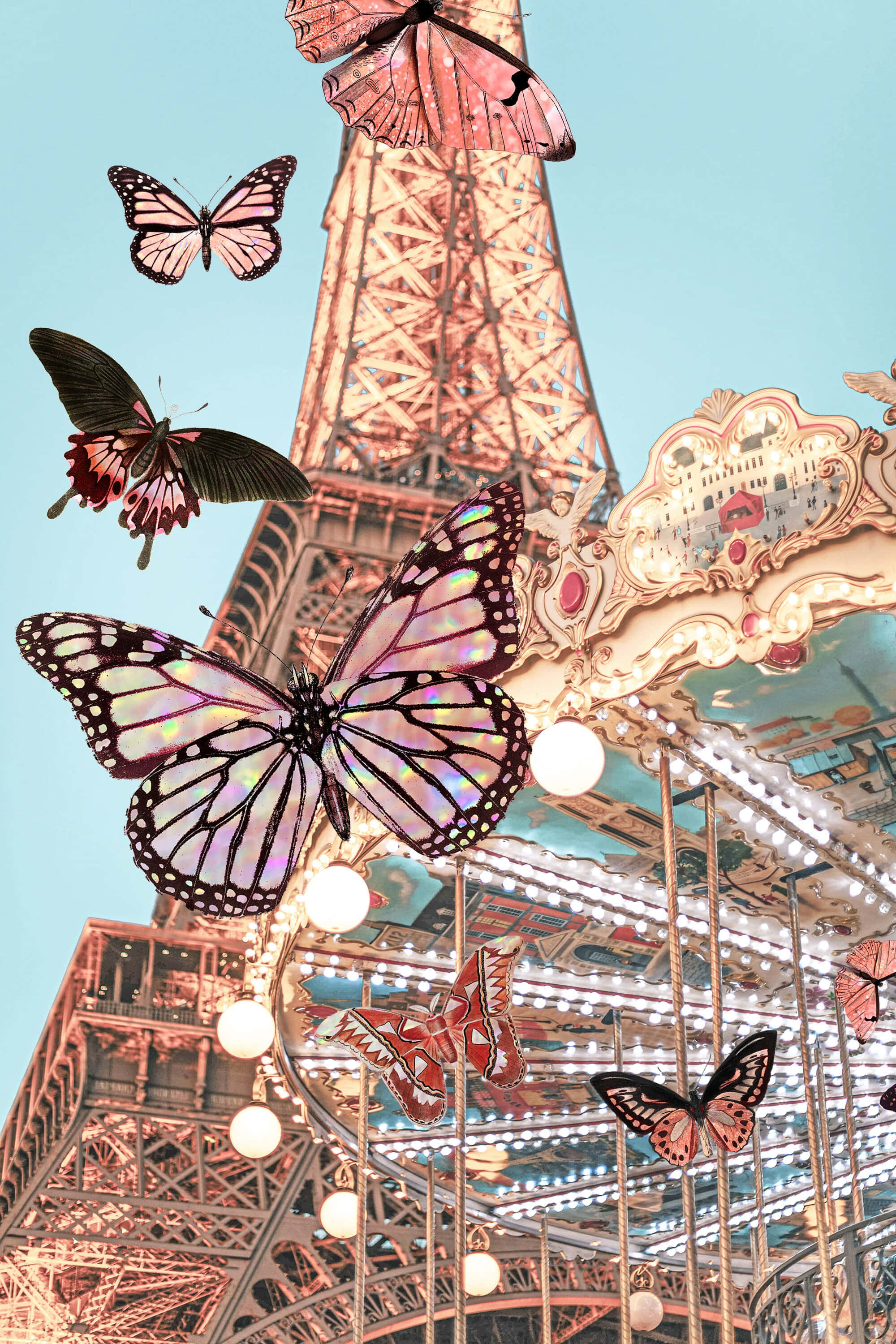 French Eiffel Tower Na May Carousel At Mga Paruparo Larawan Wallpaper