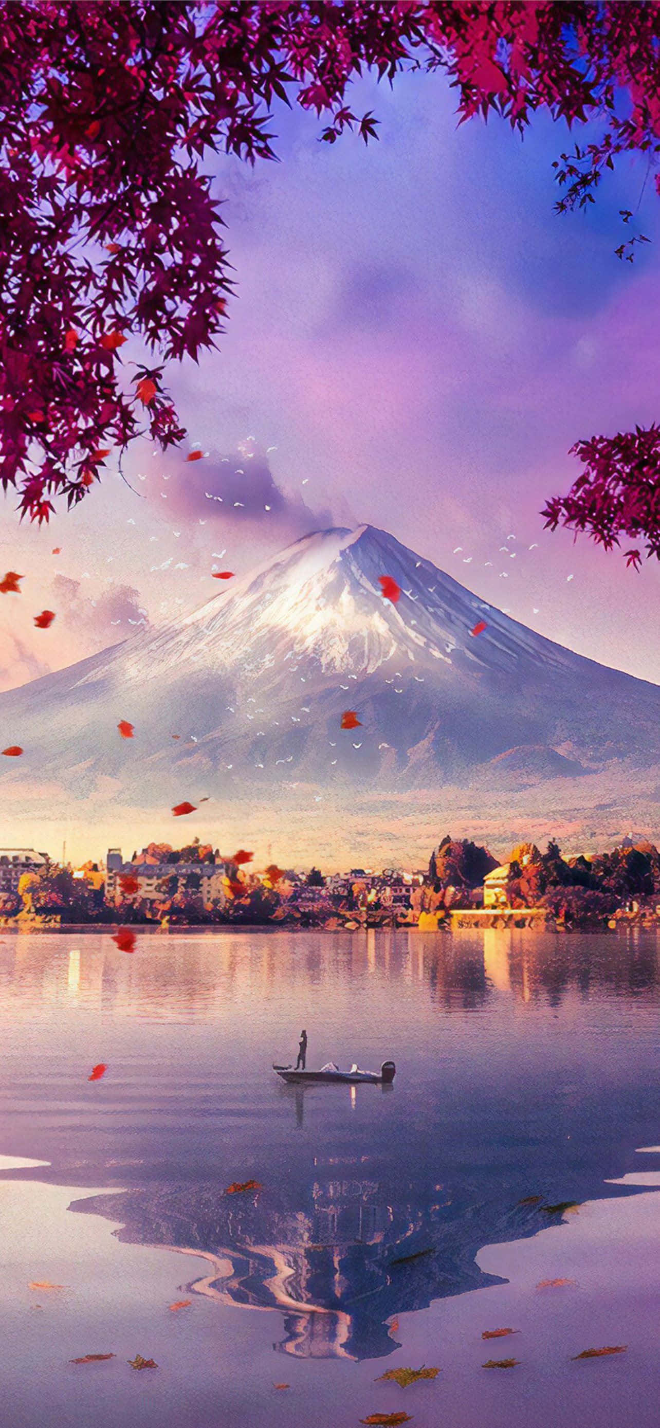Fuji Peak na May Lawa at Nalalaglag na Dahon Wallpaper