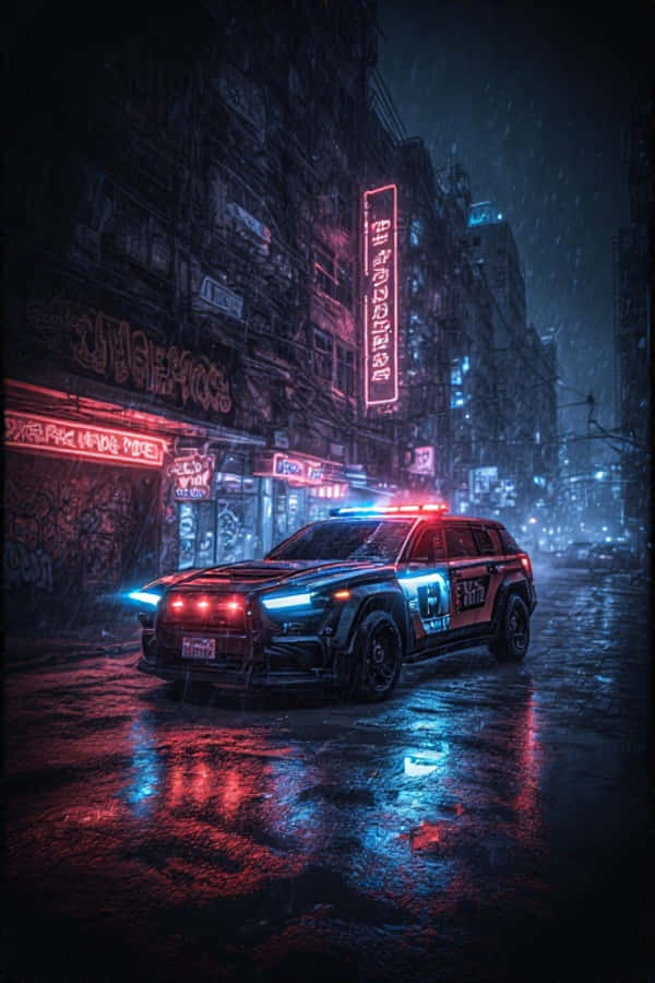 Futuristic Police Car Patrol sa Neon City 4K Wallpaper