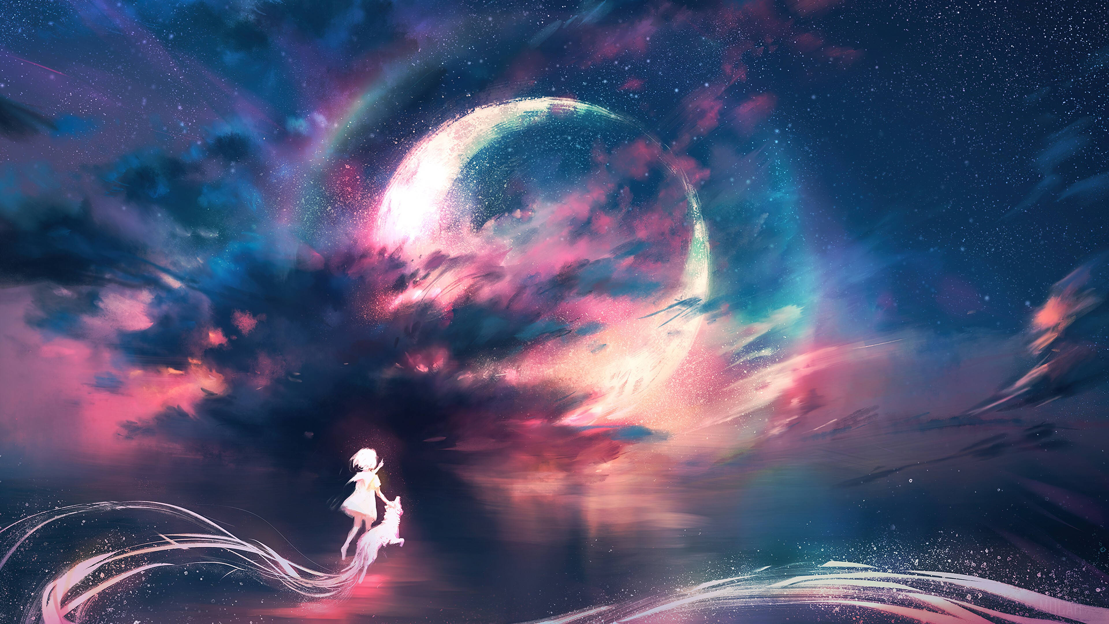 Galaxy Moon at Anime na Babae Wallpaper