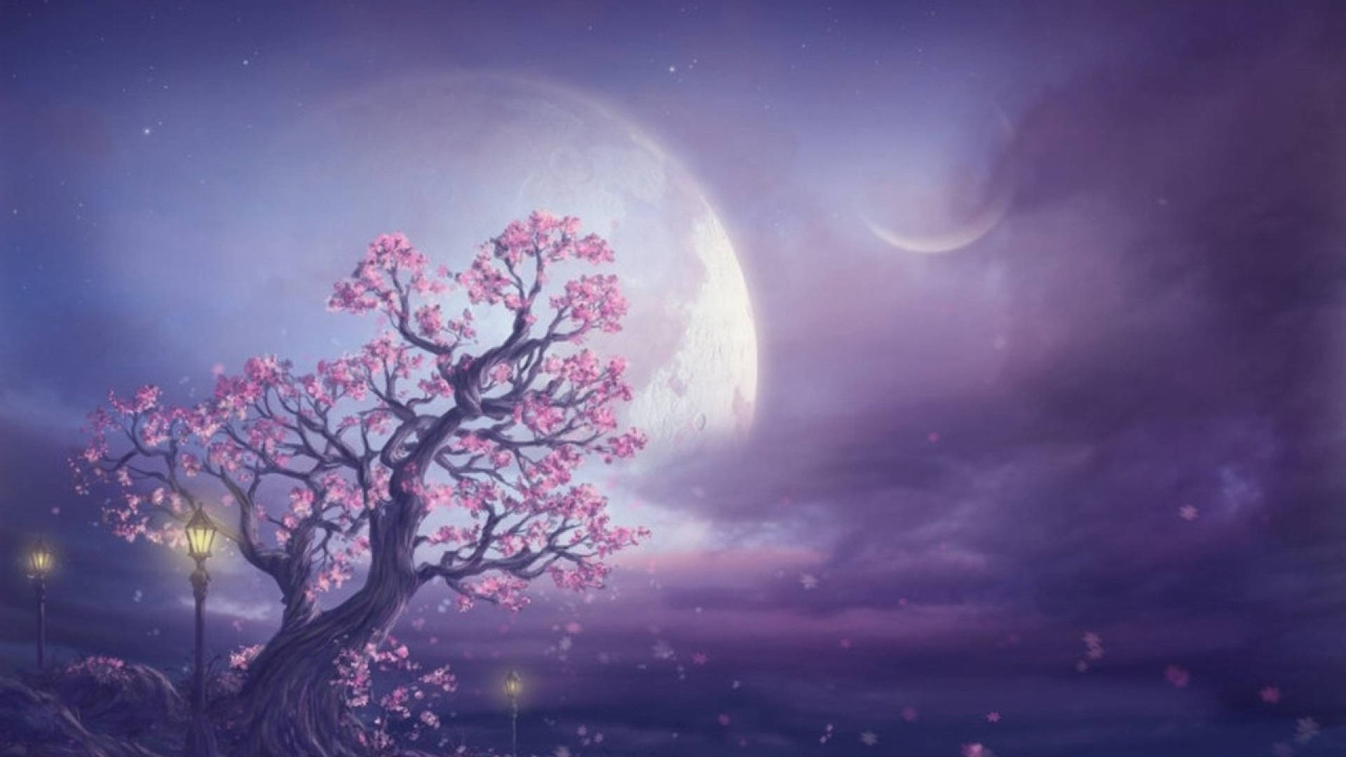 Galaxy Moon at Cherry Blossom Tree Wallpaper