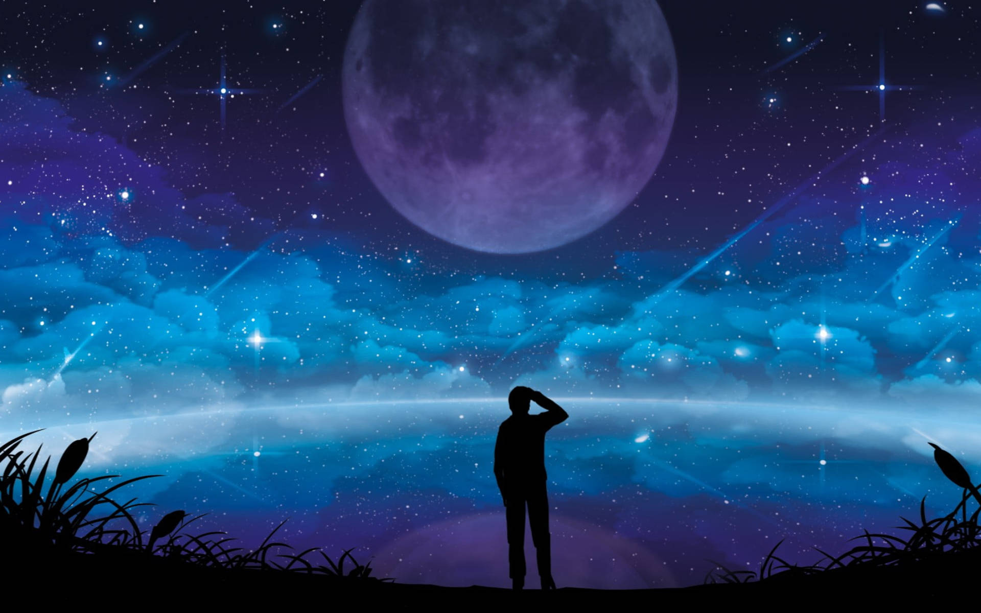 Galaxy Moon at Silhouette ng Tao Wallpaper