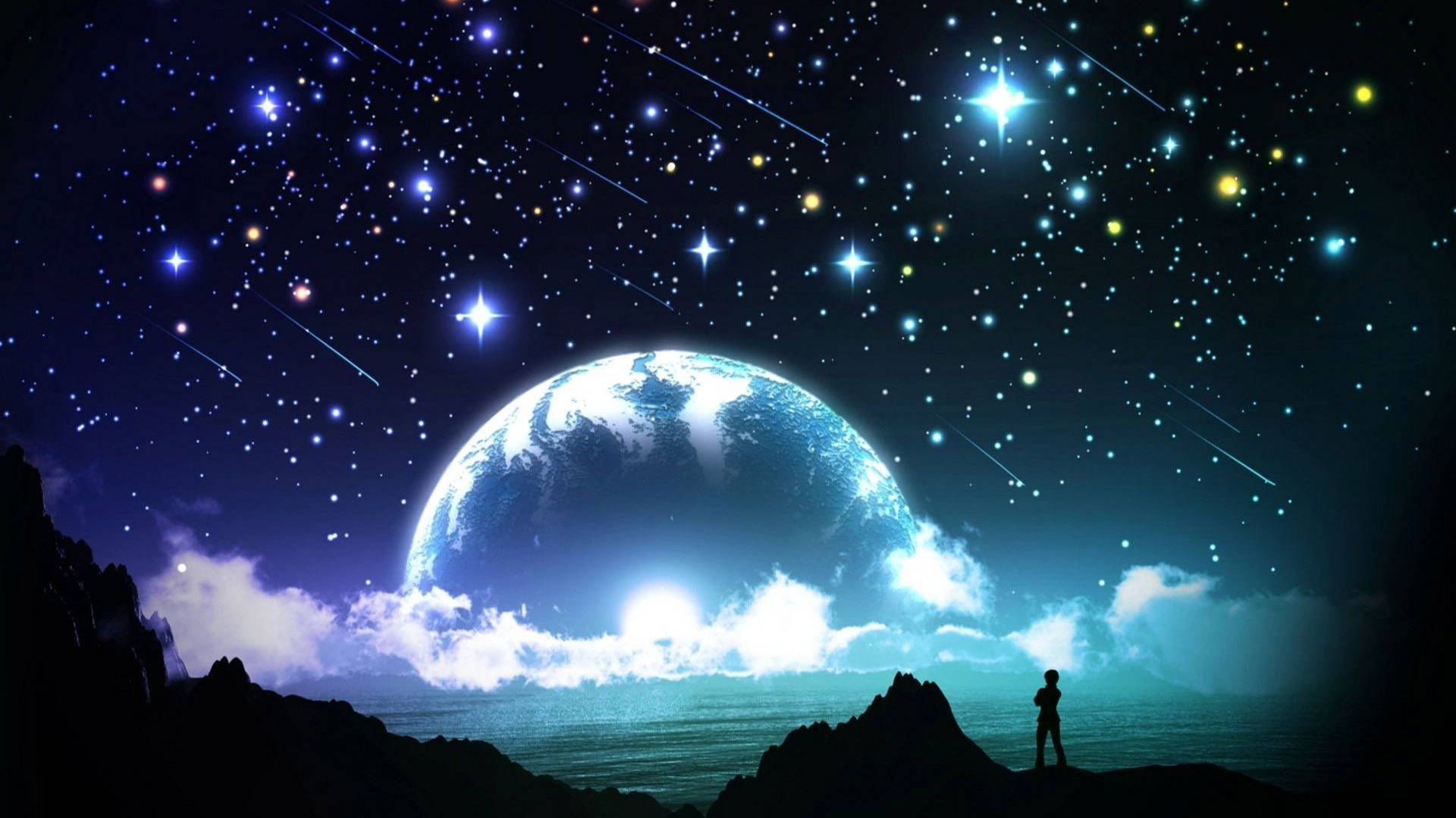 Galaxy Moon At Sparkly Stars Wallpaper