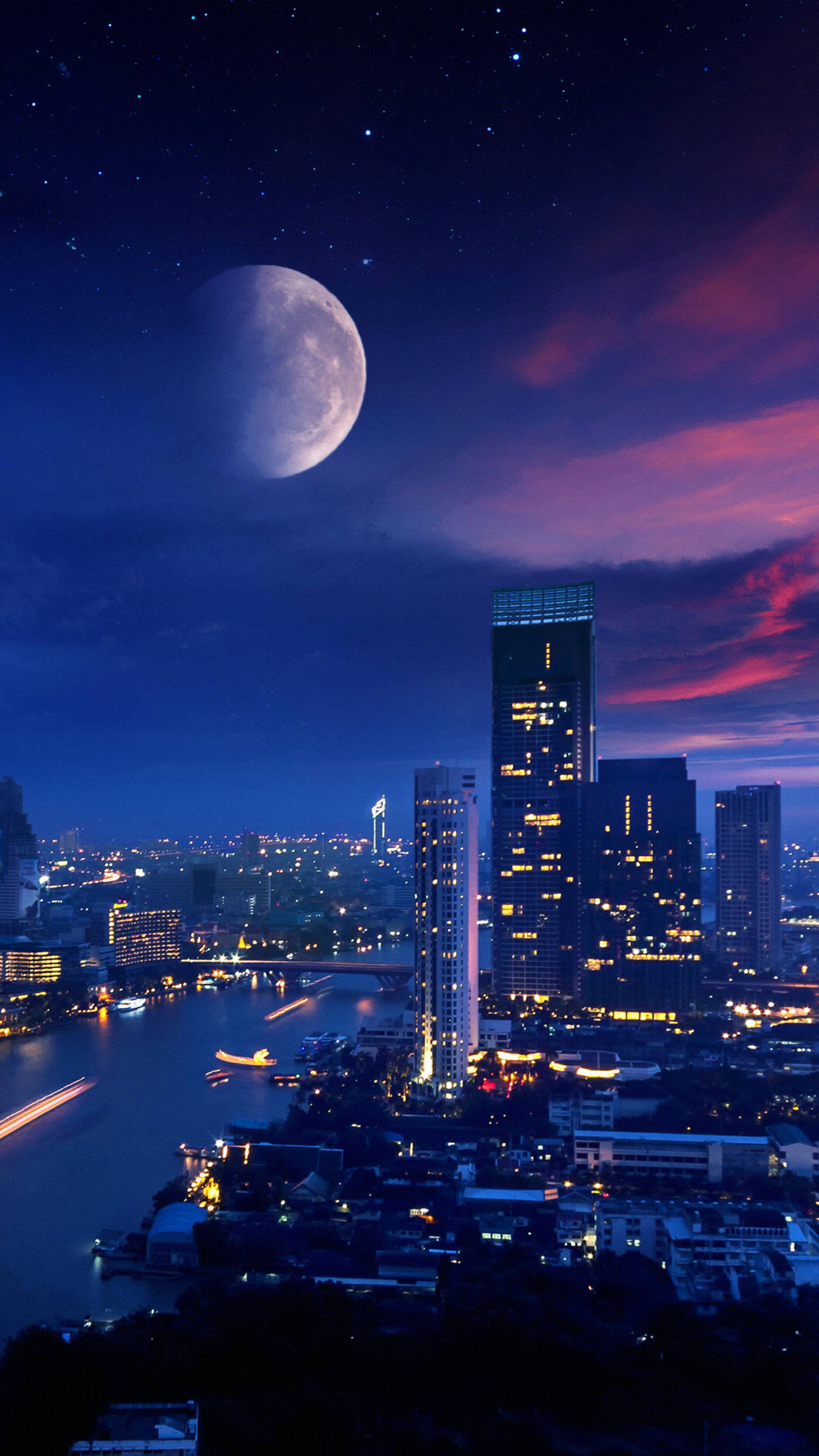 Galaxy Moon Sa Lungsod Wallpaper