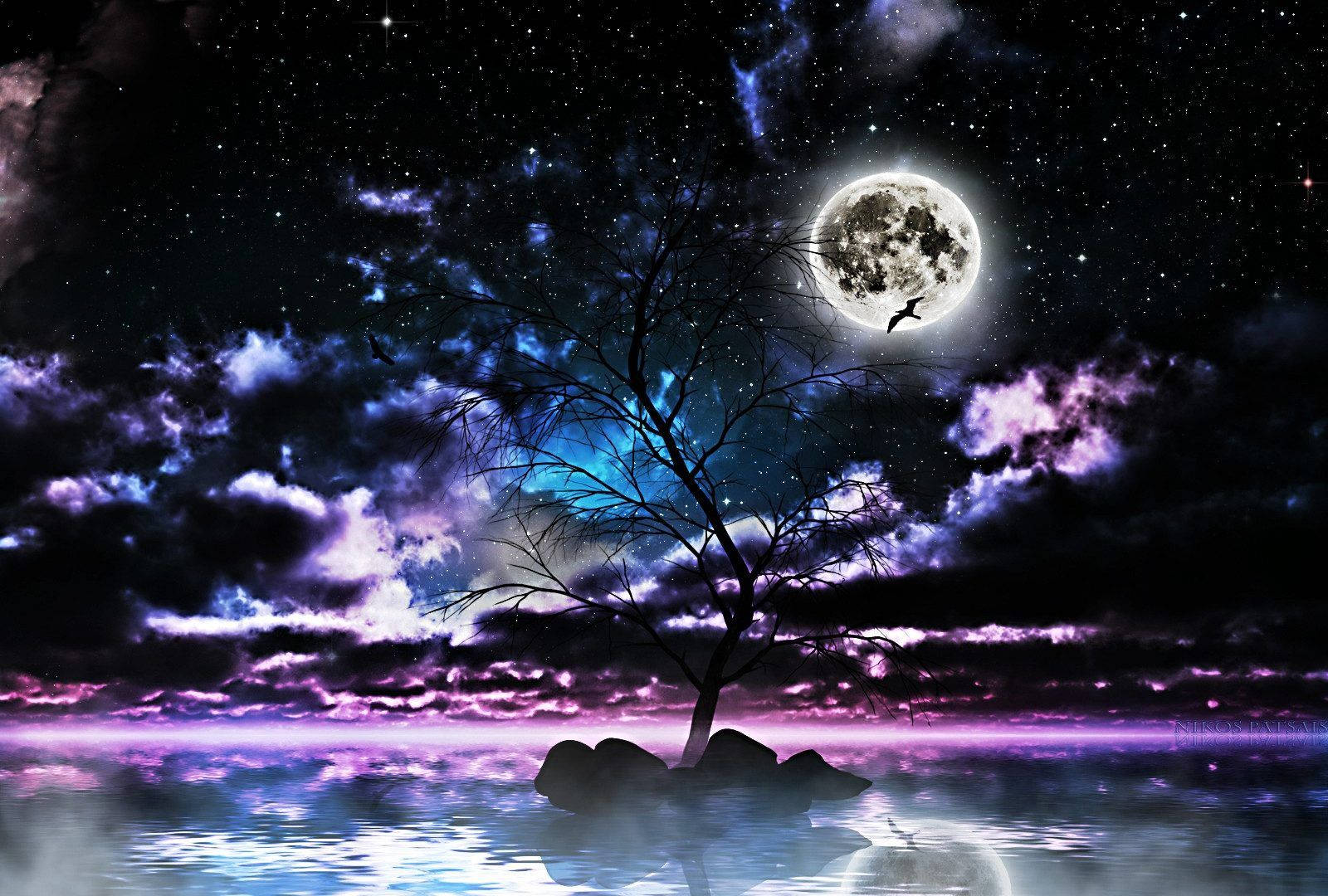 Galaxy Moon Sa Madilim na Gabi Wallpaper