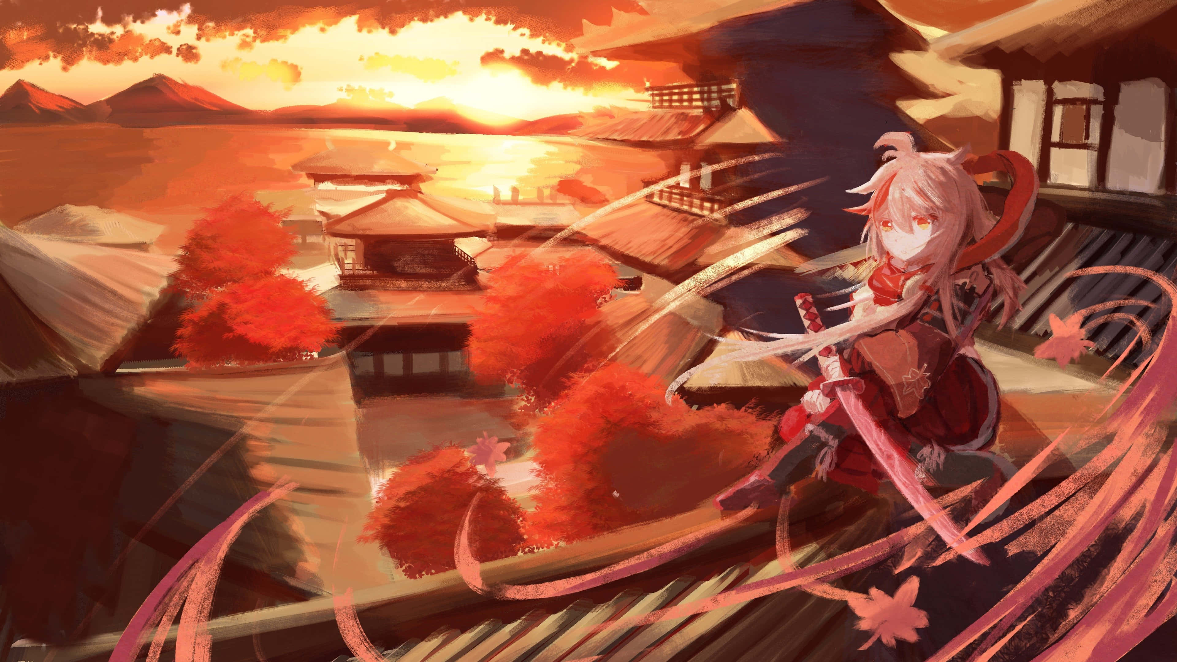 Genshin Impact Kazuha Nakaupo sa Bubungan ng Bahay Wallpaper