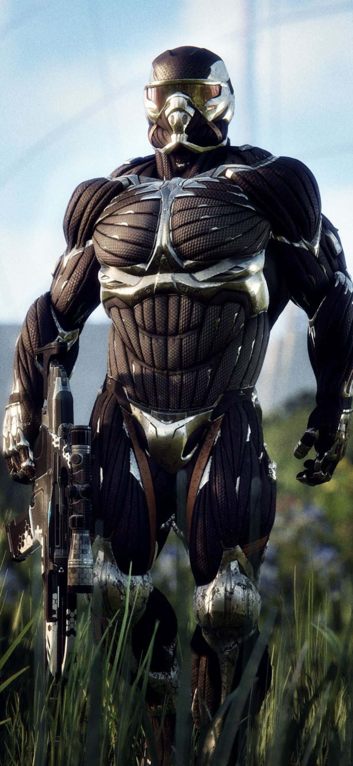 Lubog sa cyber-realistikong mundo sa pamamagitan ng futuristicong gaming na karanasan ng Crysis 3 sa iPhone X. Wallpaper