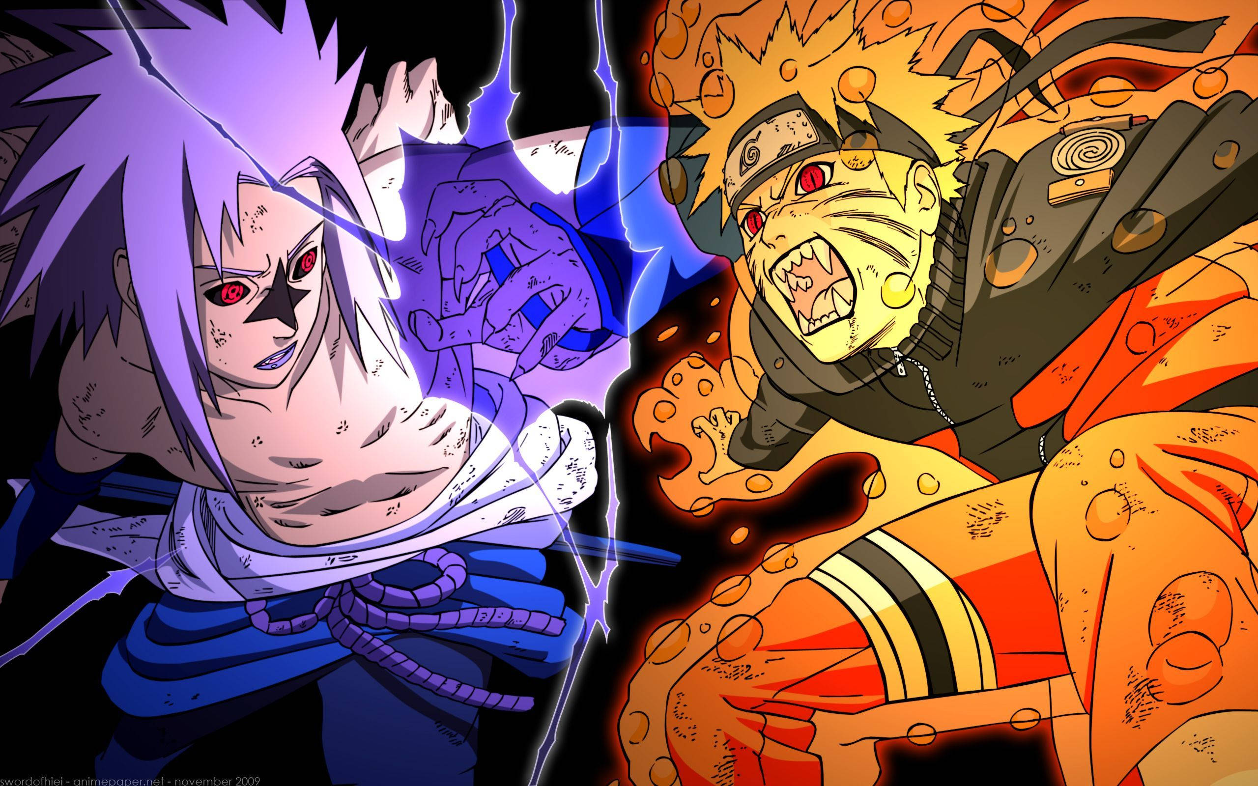 Ginagamit nina Naruto at Sasuke ang kanilang kapangyarihang Jinchuuriki at Sharingan upang labanan ang masasamang puwersa Wallpaper