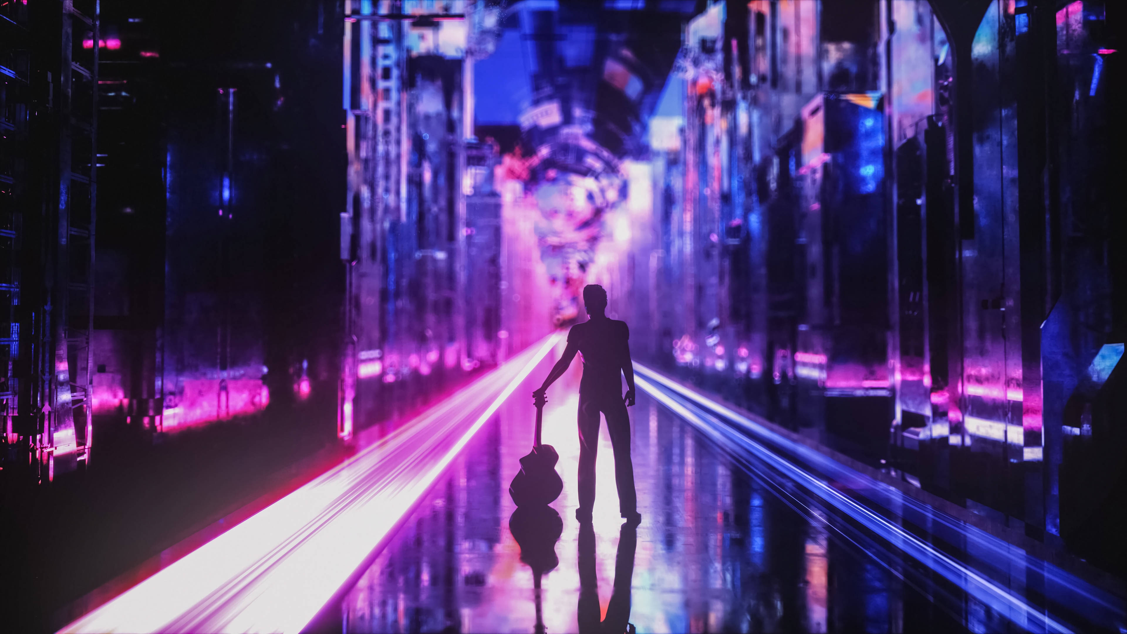 Gitarista na Nakatago sa Neon Purple na Estetika Wallpaper
