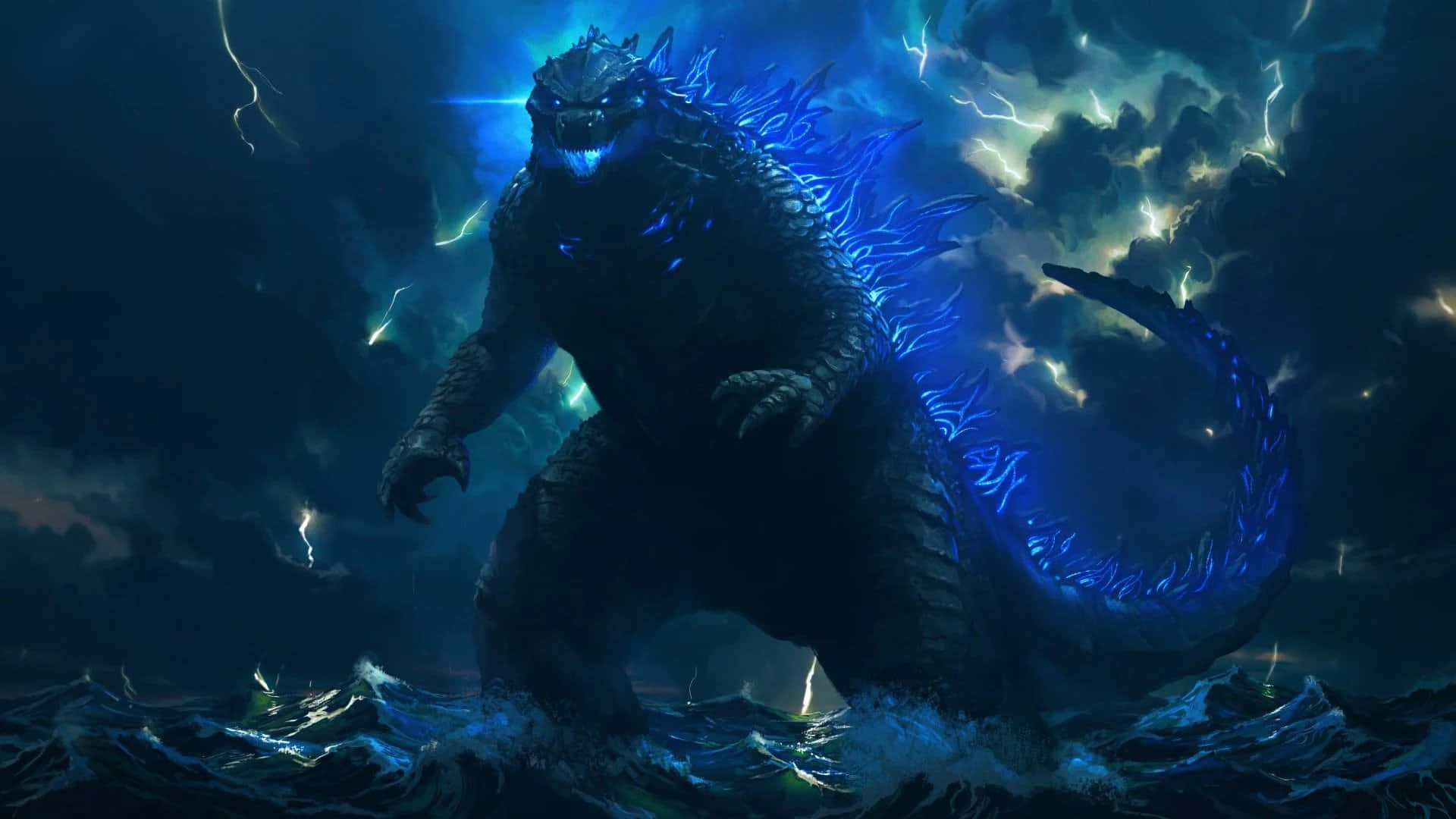 Godzilla na May Neon Blue na Liwanag sa Itaas ng Karagatan Wallpaper