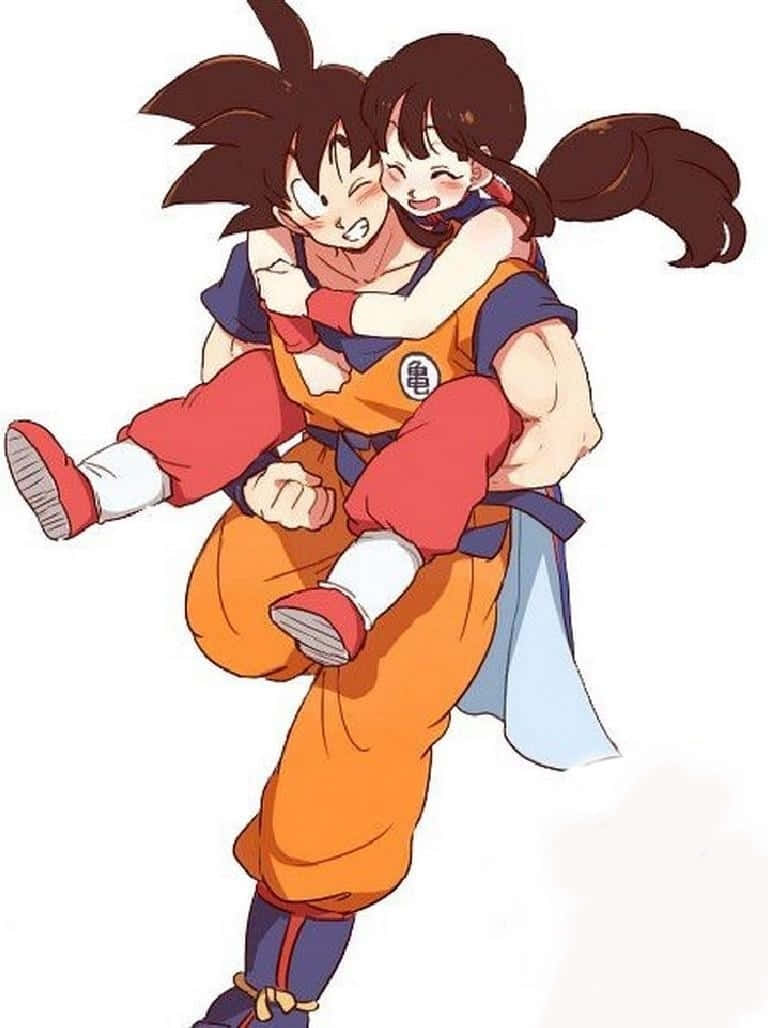 Goku at Chichi Back Hug Lifting Wallpaper
