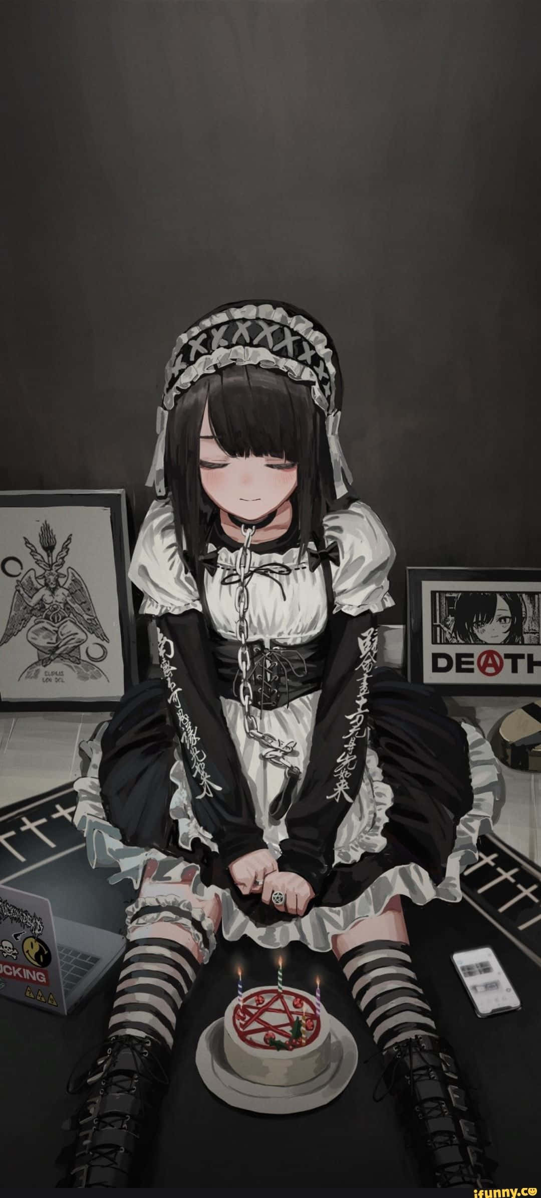 Goth Anime Maid Sa Harap Ng Pentagram Cake Wallpaper