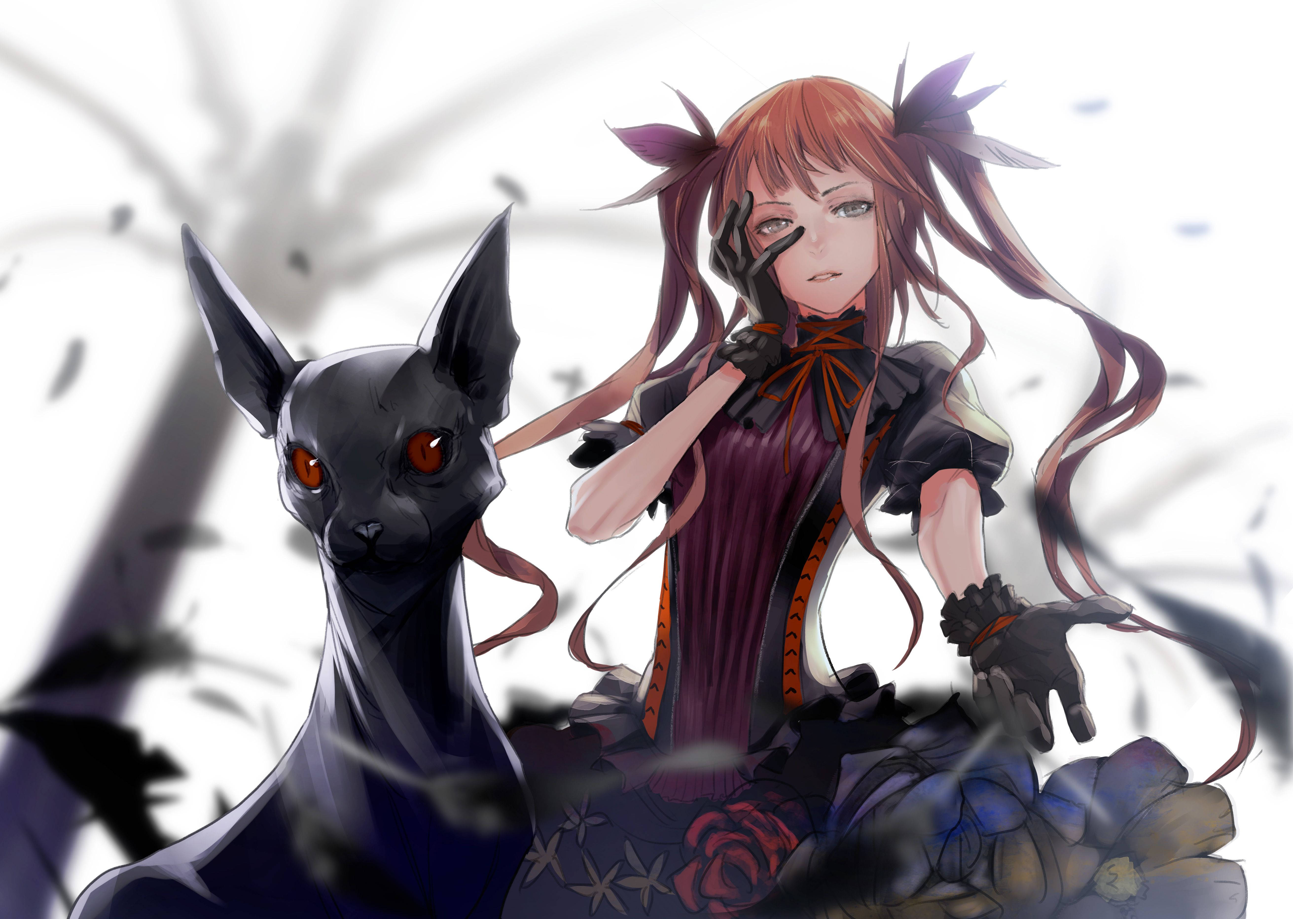 Gothic Anime Girl na Nagbabahagi ng Intimong Sandali Kasama ang Kanyang Pusa Wallpaper
