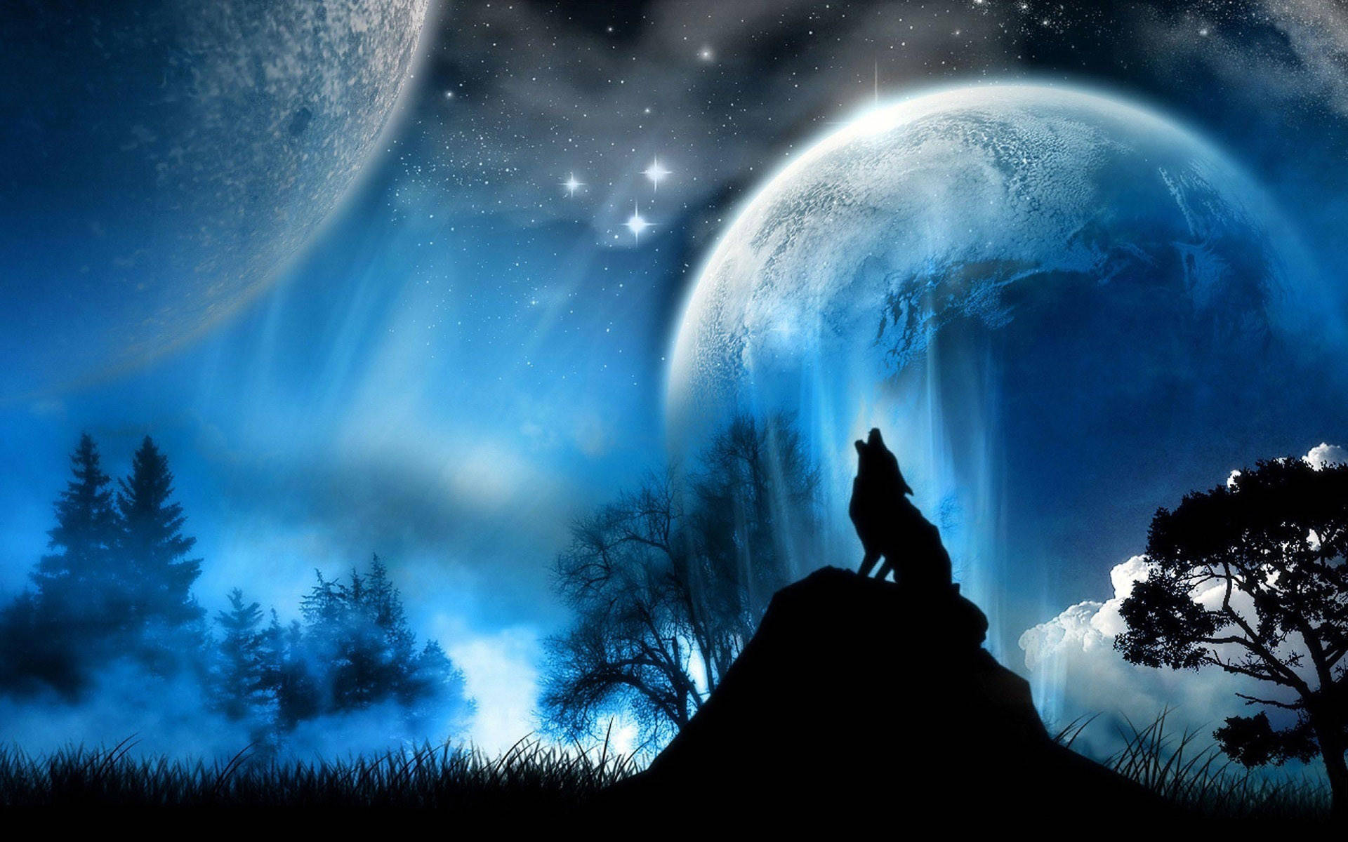 Graphic ng Umuungol na Lobo at Galaxy Moon Wallpaper