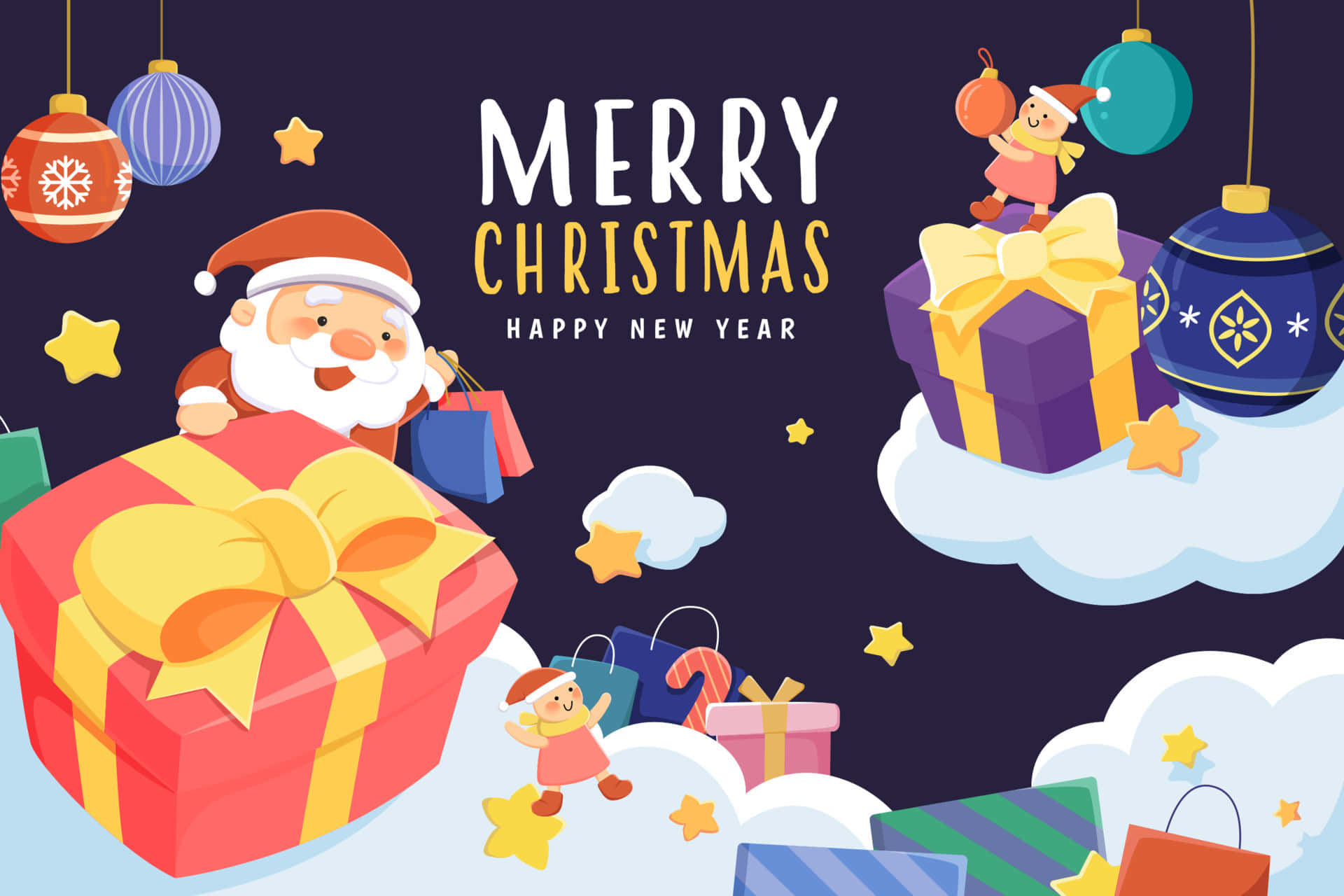 Greeting Card na may mga Christmas Elf, Santa, at mga Regalo Wallpaper