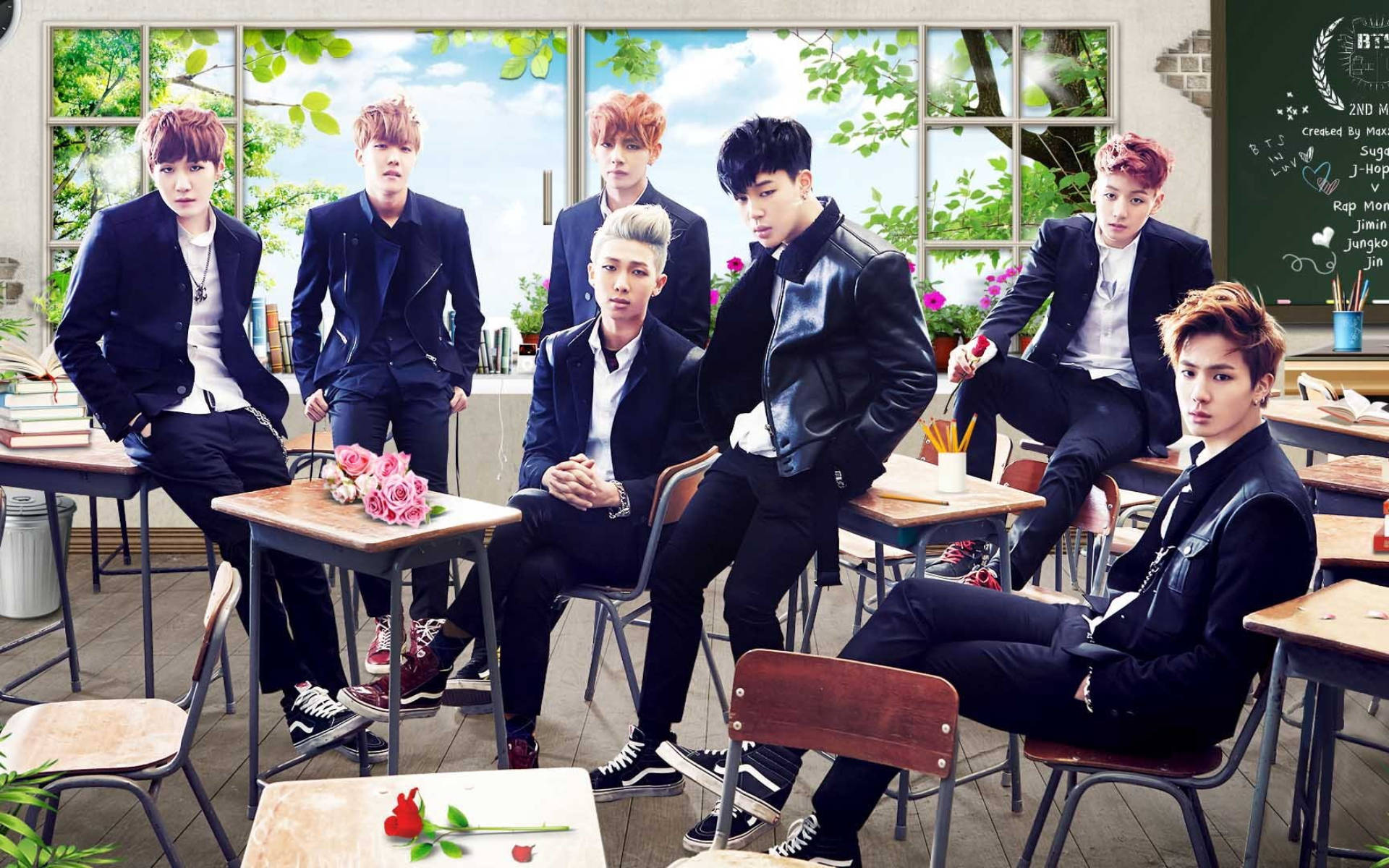 Group Photo ng BTS sa Classroom Wallpaper