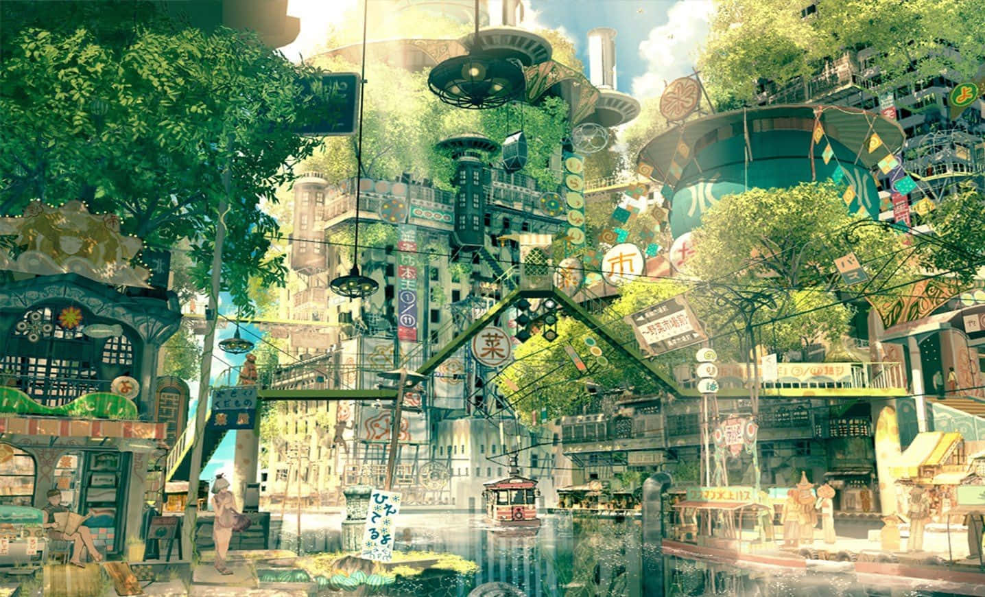 Gusaling Anime na Tinakpan ng Halaman Wallpaper