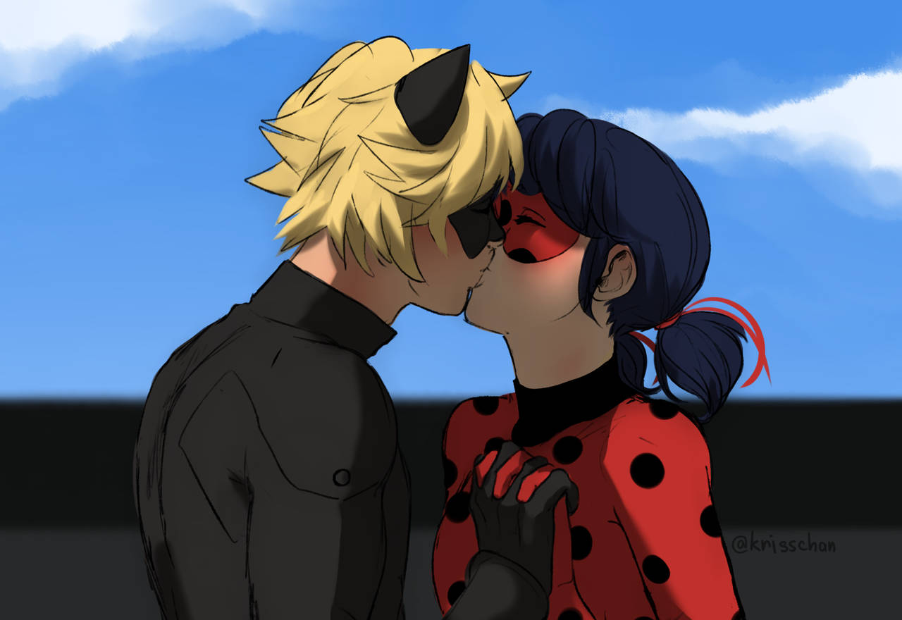 Halik ni Ladybug at Cat Noir sa Asulang Langit Wallpaper