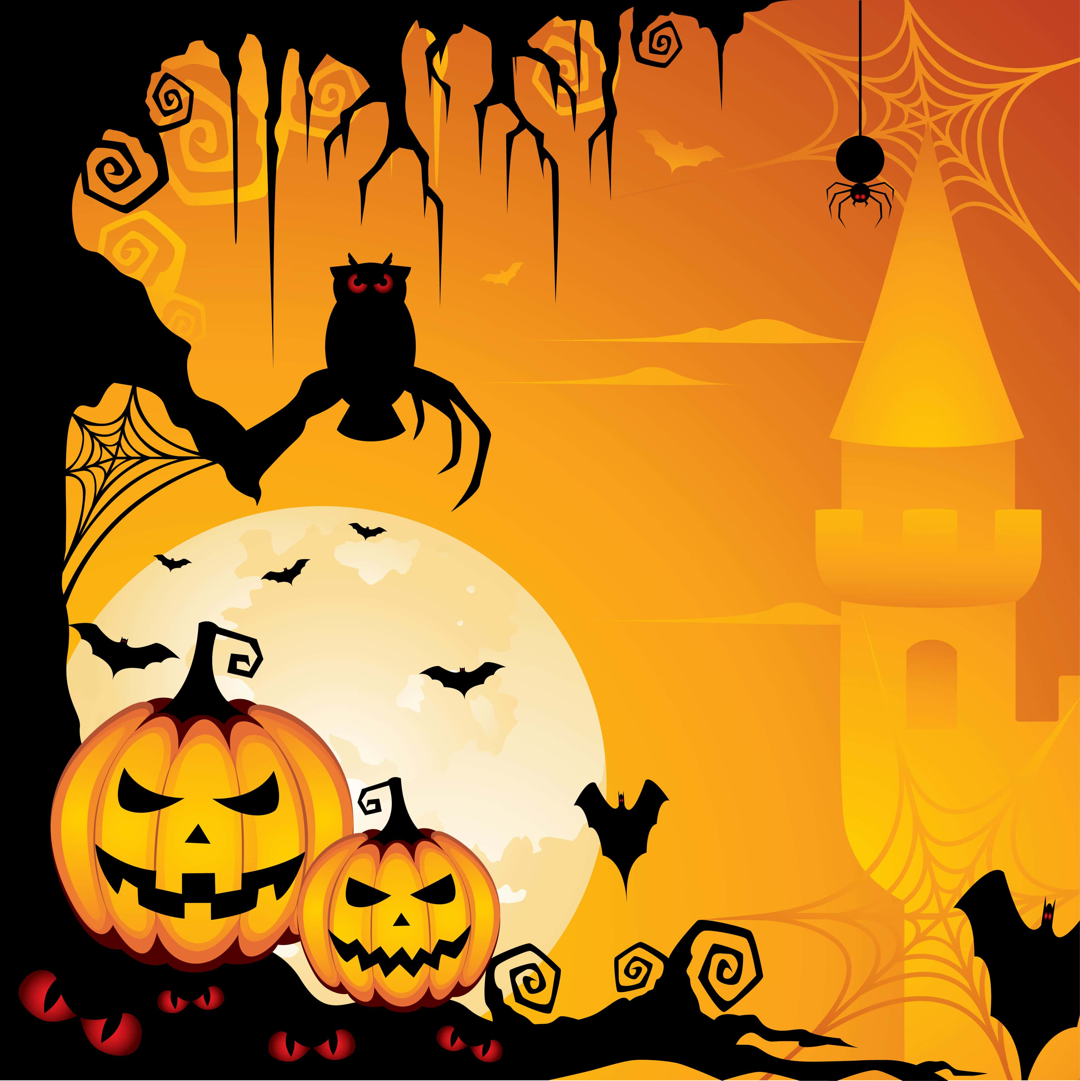 halloween background na may mga kalabasa at isang kastilyo Wallpaper